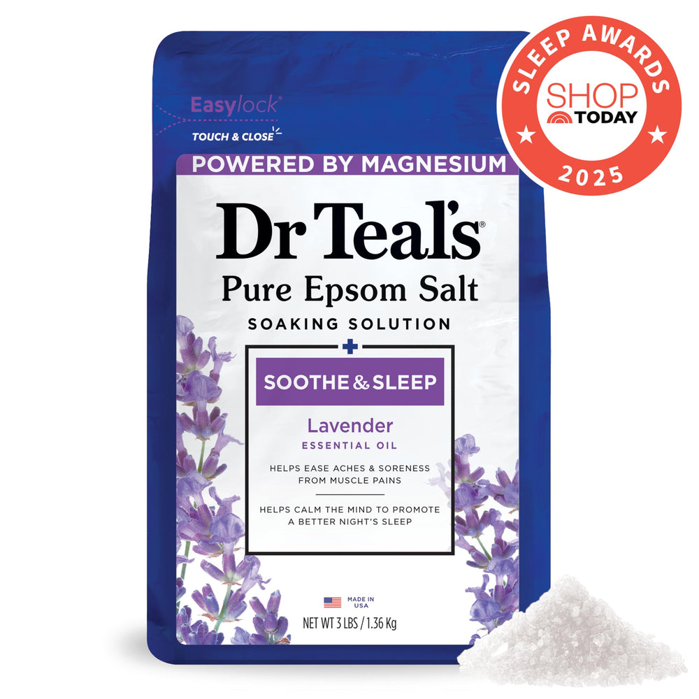 Dr Teal's lavender foaming bath bottle promoting relaxation and muscle relief.