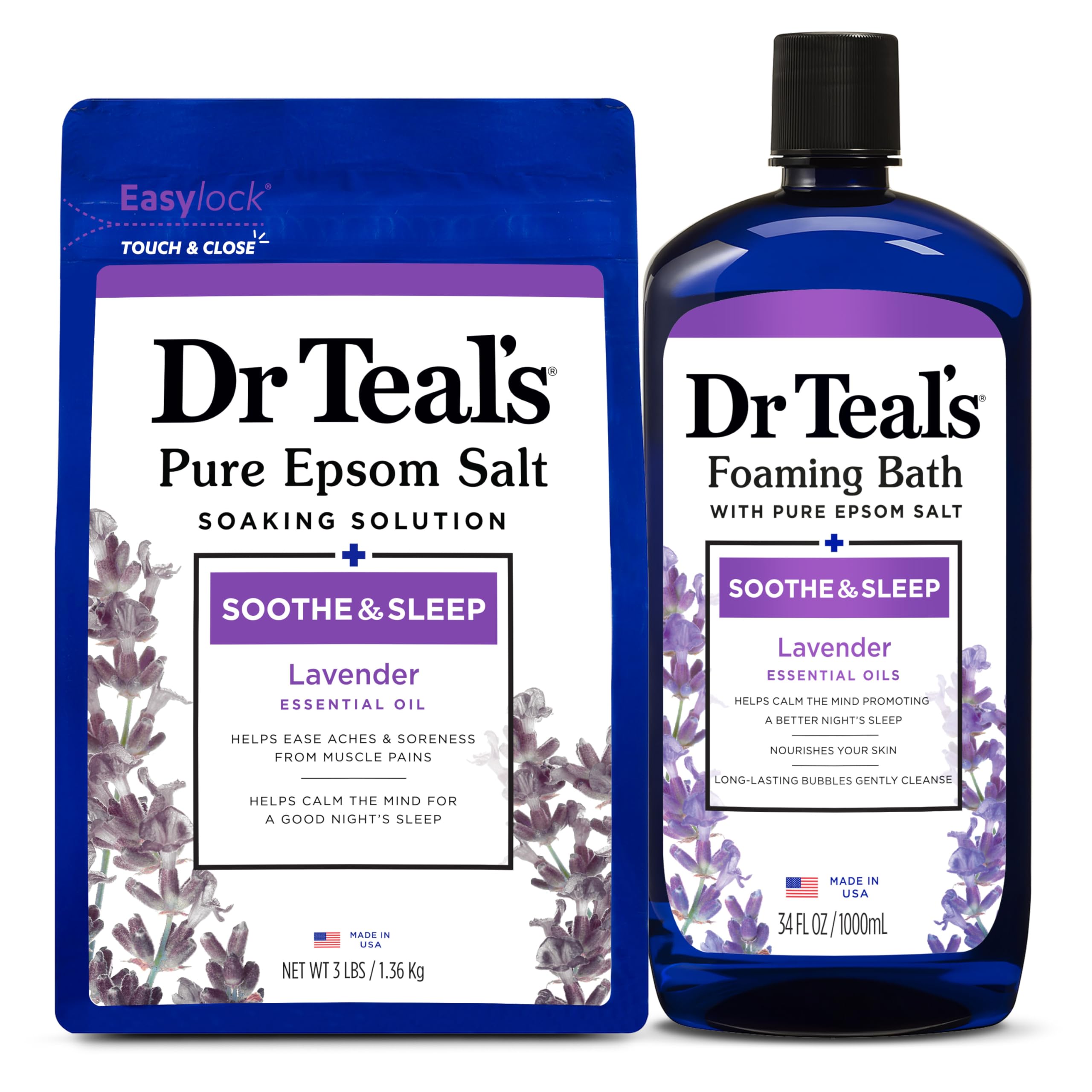 Dr Teal's lavender salt soak bag shown for a calming, easy bath routine.