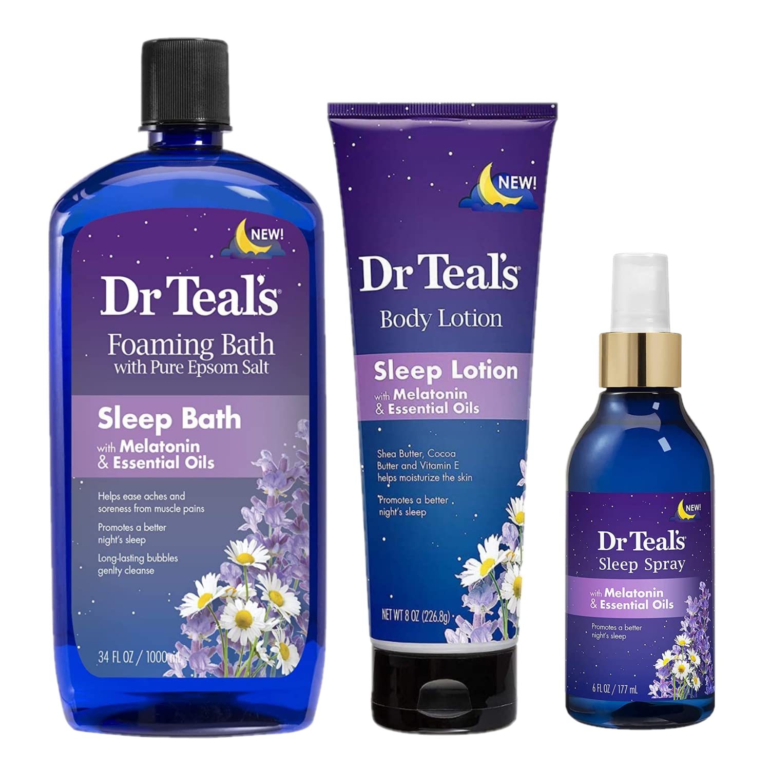 Dr Teal's Melatonin Sleep Bath bubbles create a lavender, calming soak for stress relief