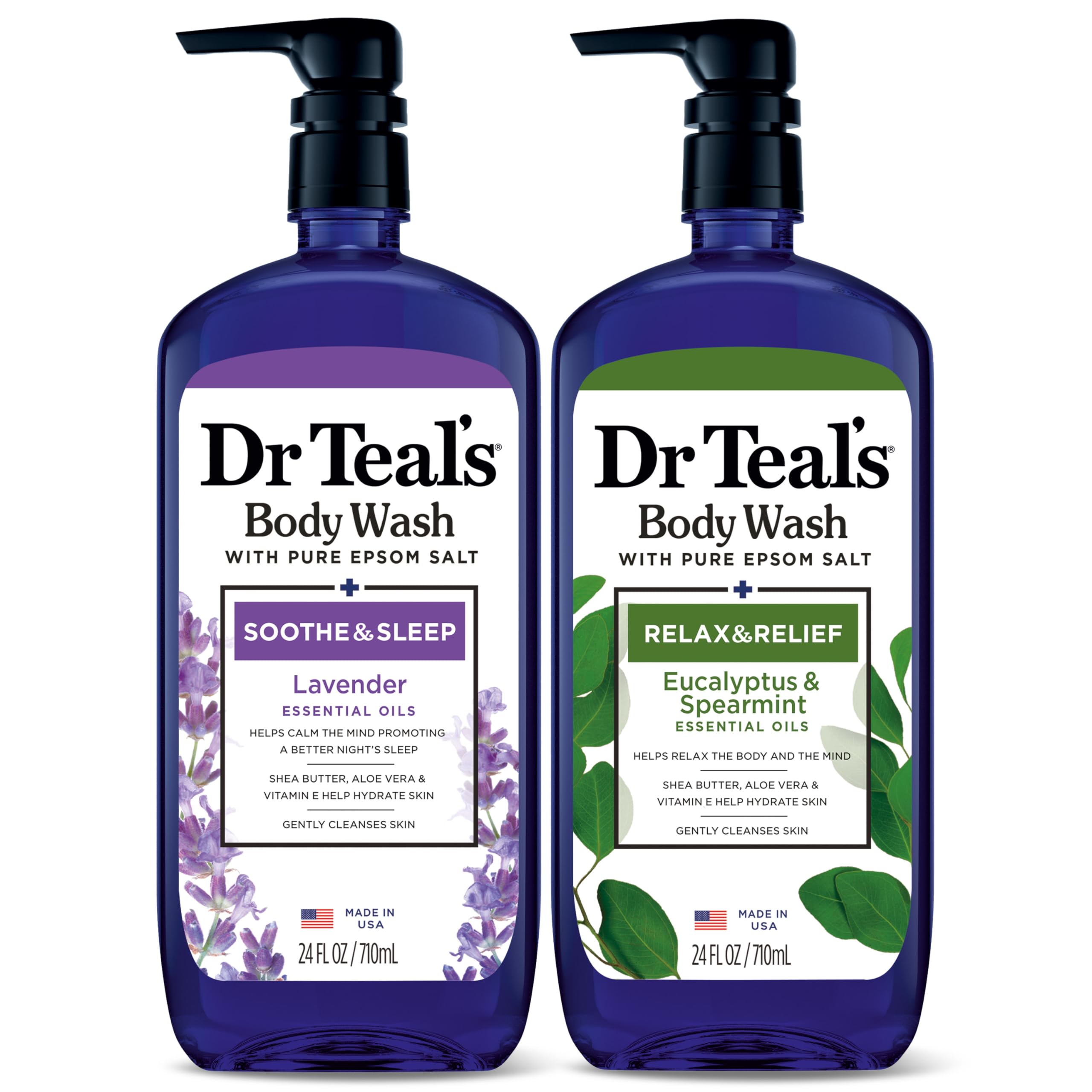 Dr Teal's pack of 2 display highlights the lavender and eucalyptus duo for a calming routine.