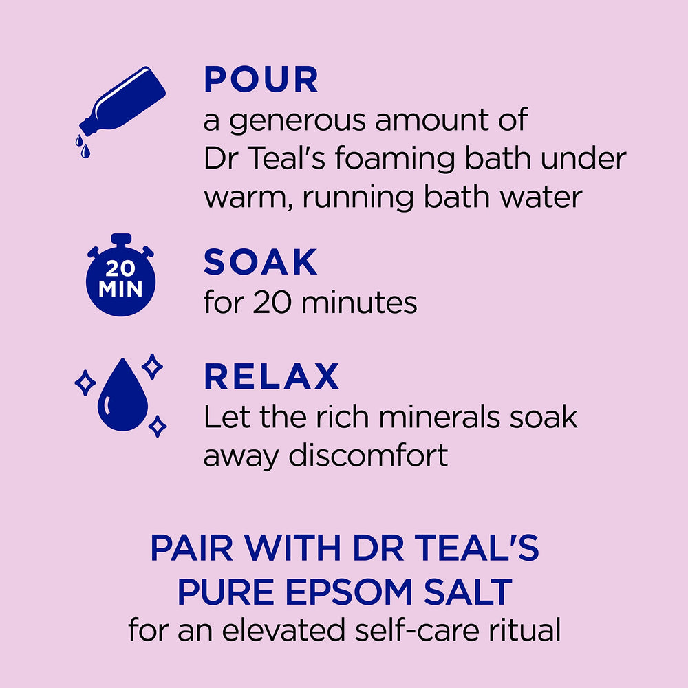 Dr Teal's Pure Epsom Salt crystals visible for skin-refreshing and muscle-relaxing soak.