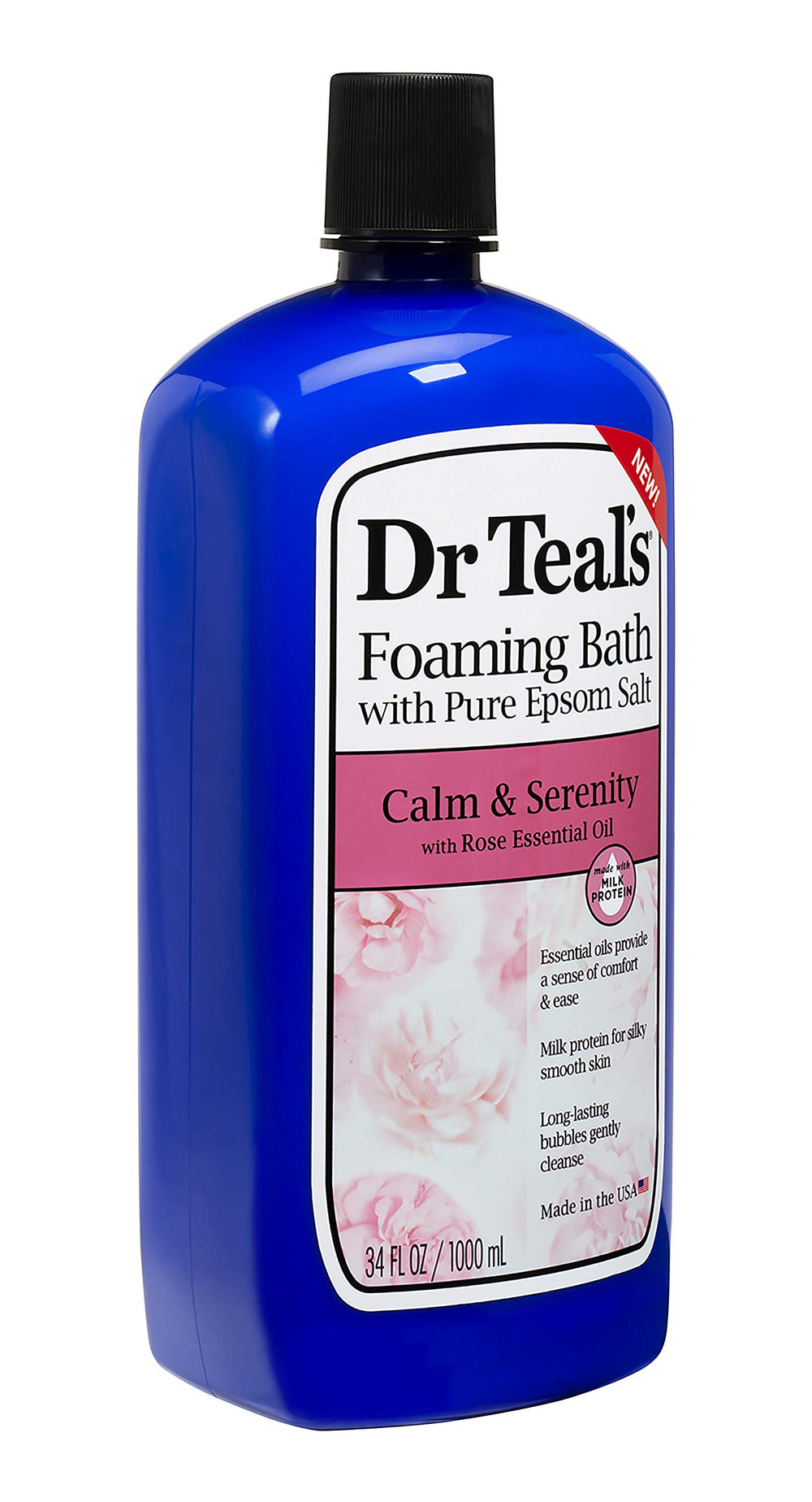 Dr Teal's rose essential oil bottle for soothing spa-like aroma in bath.