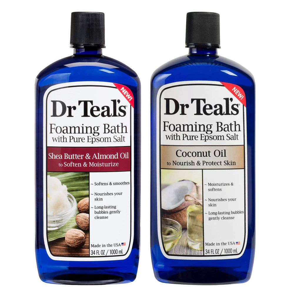 Dr Teal's Shea Butter & Almond Oil foaming bath bottle provides deep moisture for dry skin.