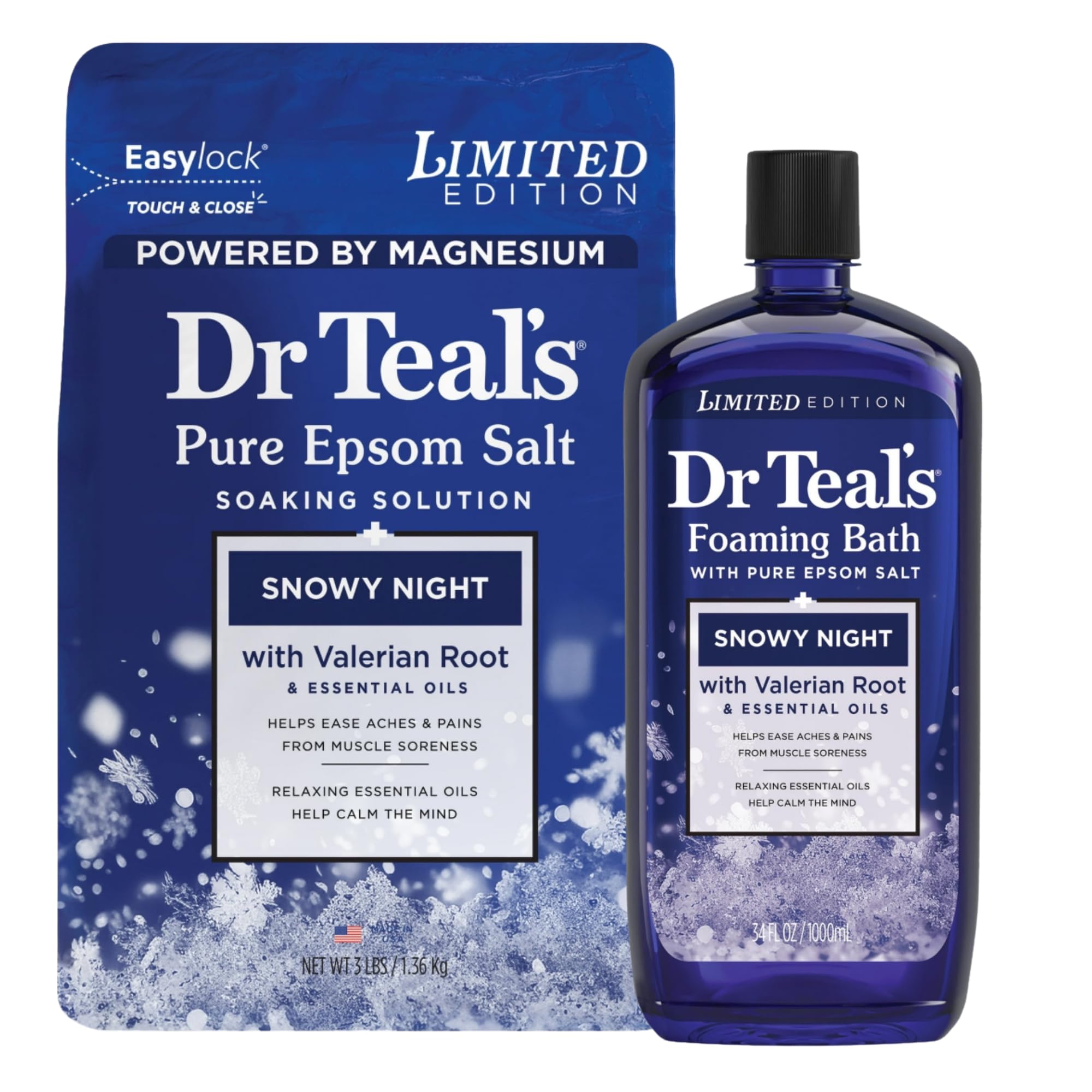 Dr Teal's Snowy Night Epsom Salt 3 lb bag providing tension relief and a relaxing soak.
