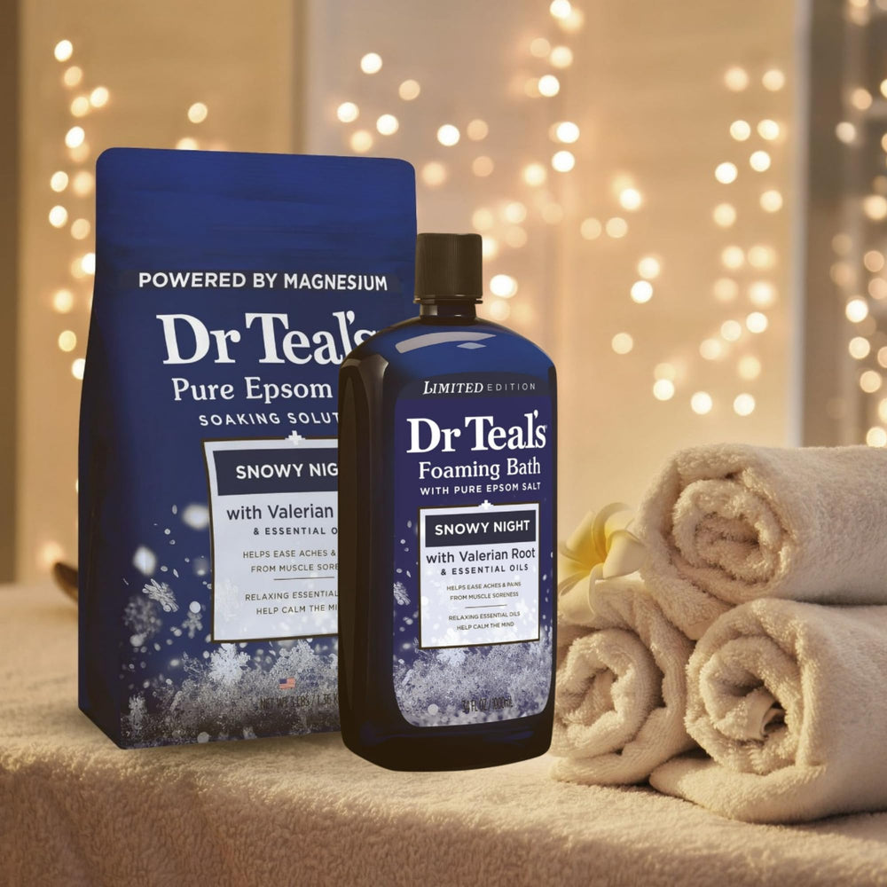 Dr Teal's Snowy Night Set packaging close-up highlighting Easy Lock closure and freshness.