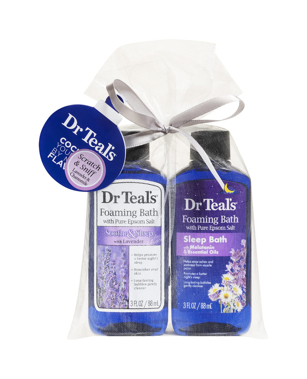 Dr Teal's Soothe & Sleep Lavender foaming bath bottle pour for relaxing aromatherapy.
