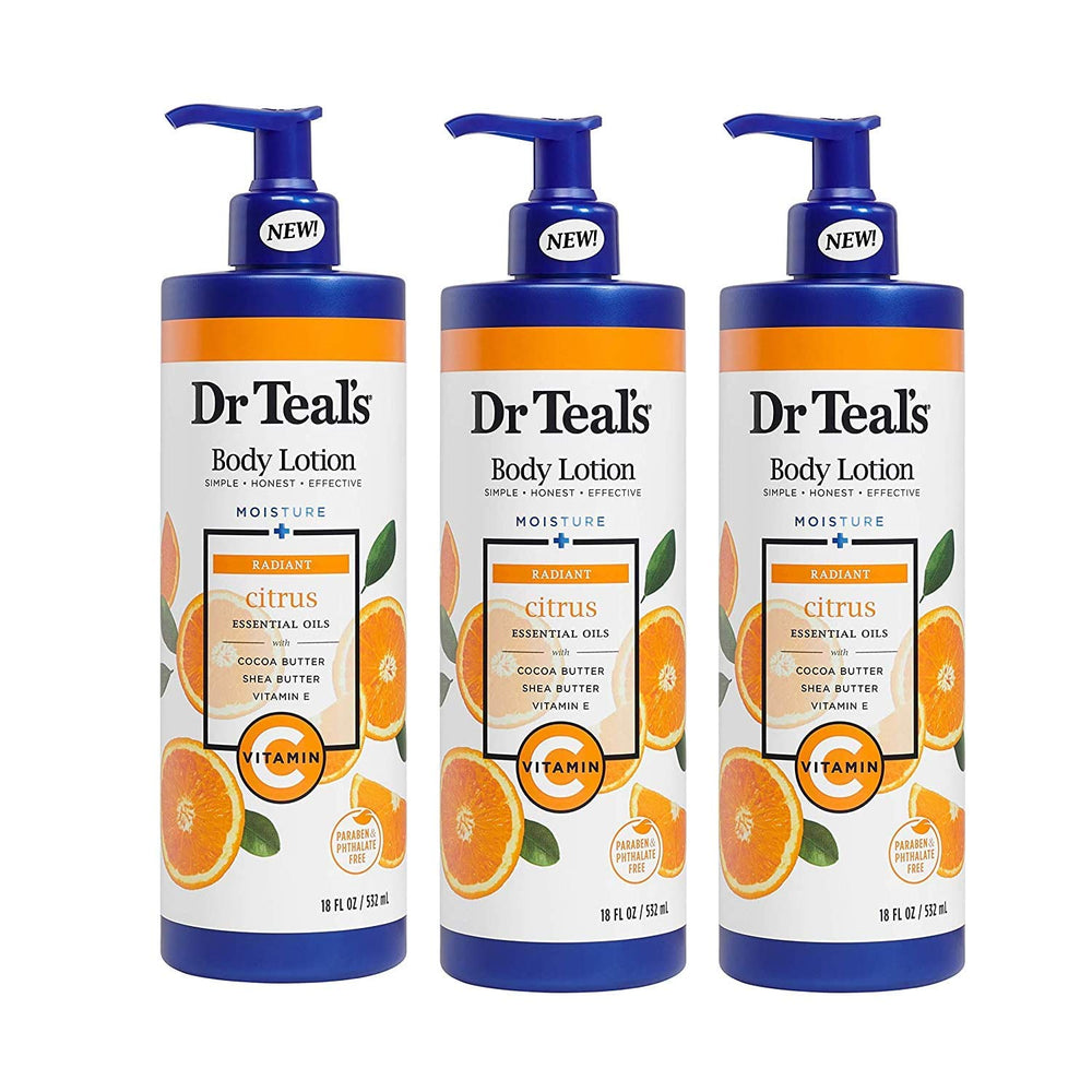 Dr Teal's Vitamin C Citrus Body Lotion 3-pack bottle for glowing, hydrated skin
