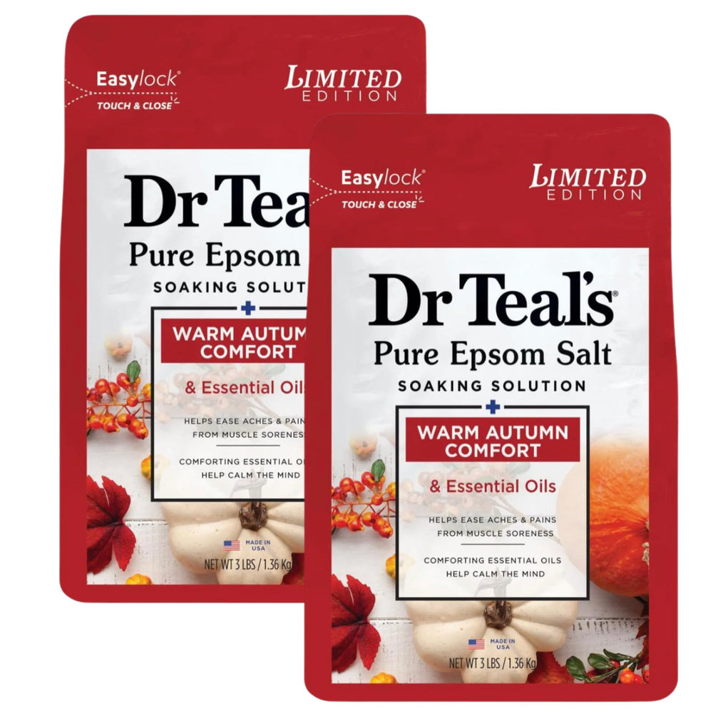 Dr Teal's Warm Autumn Comfort packaging with exfoliation-ready setup.