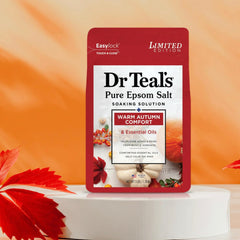 Dr Teal's Warm Autumn Comfort Epsom soak pack in cozy bath scene.