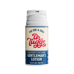 Dr Tuggs Gentleman’s Lotion bottle on wood signaling premium daily self care