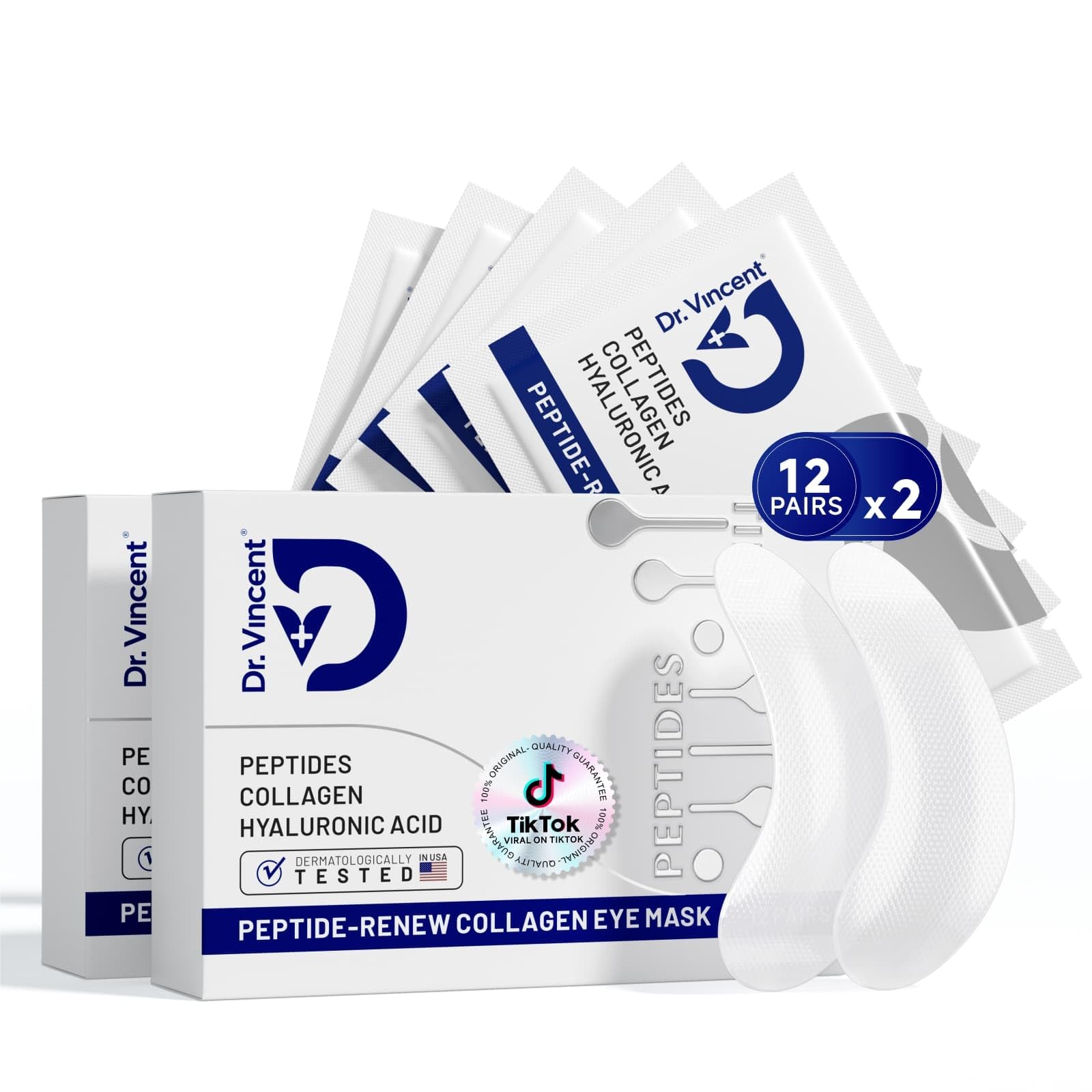 Dr Vincent peptide under-eye patches packaging highlights renewal formula for hydration.