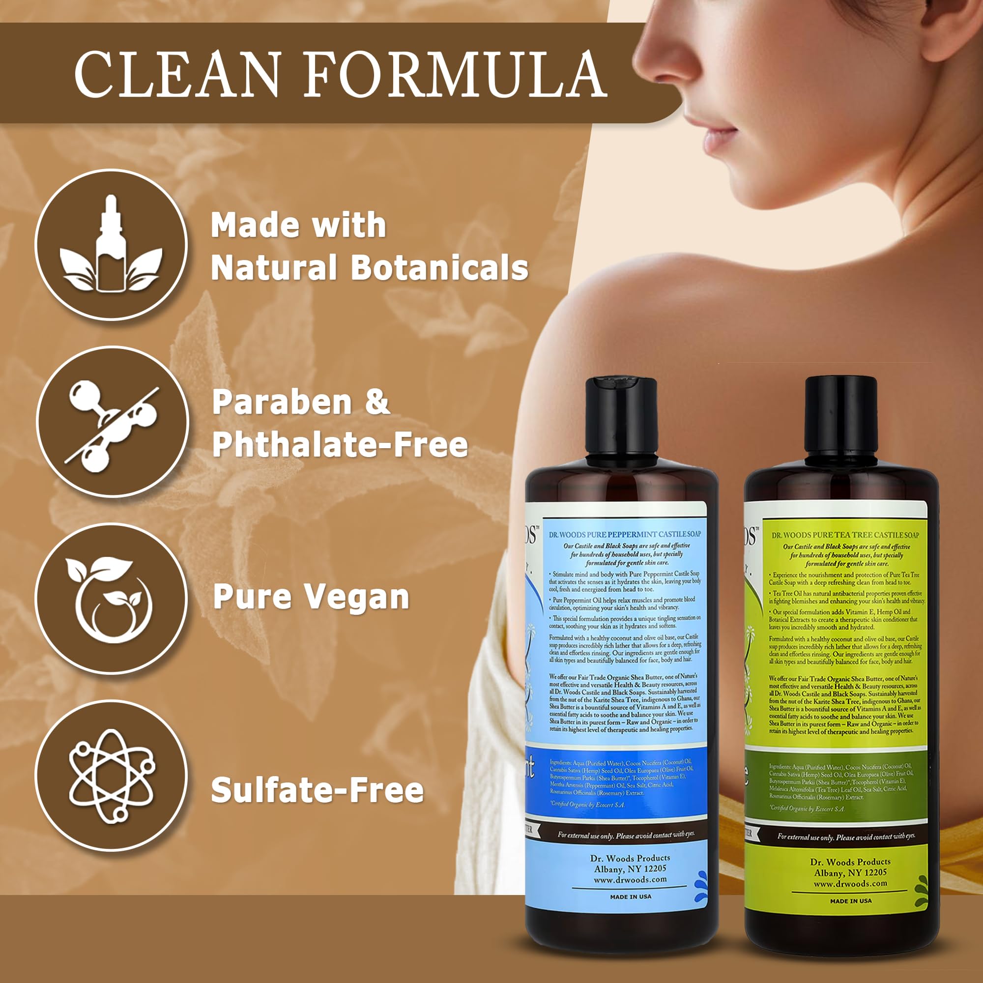 Dr. Woods liquid Castile Soap used on face, hands, and body for mild clean