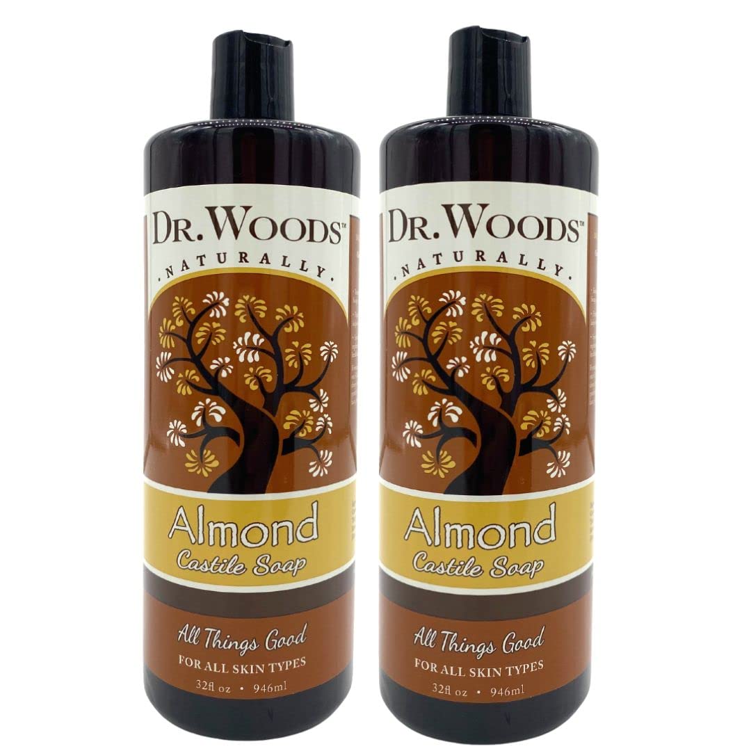 Dr. Woods Pure Almond Castile Soap bottle two-pack for gentle cleansing on face, hands, and body.