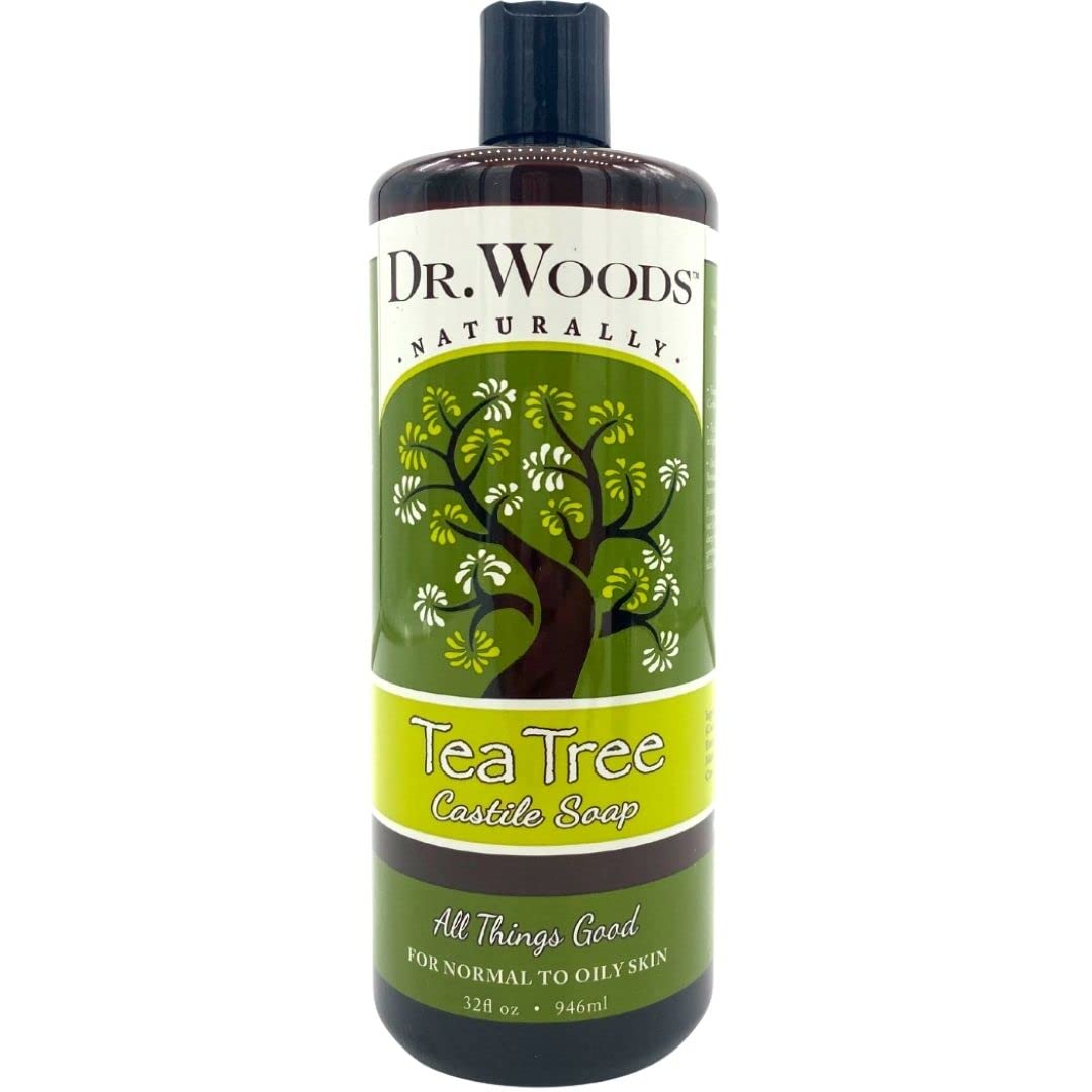 Dr. Woods tea tree Castile soap bottle with rich lather for deep cleansing.