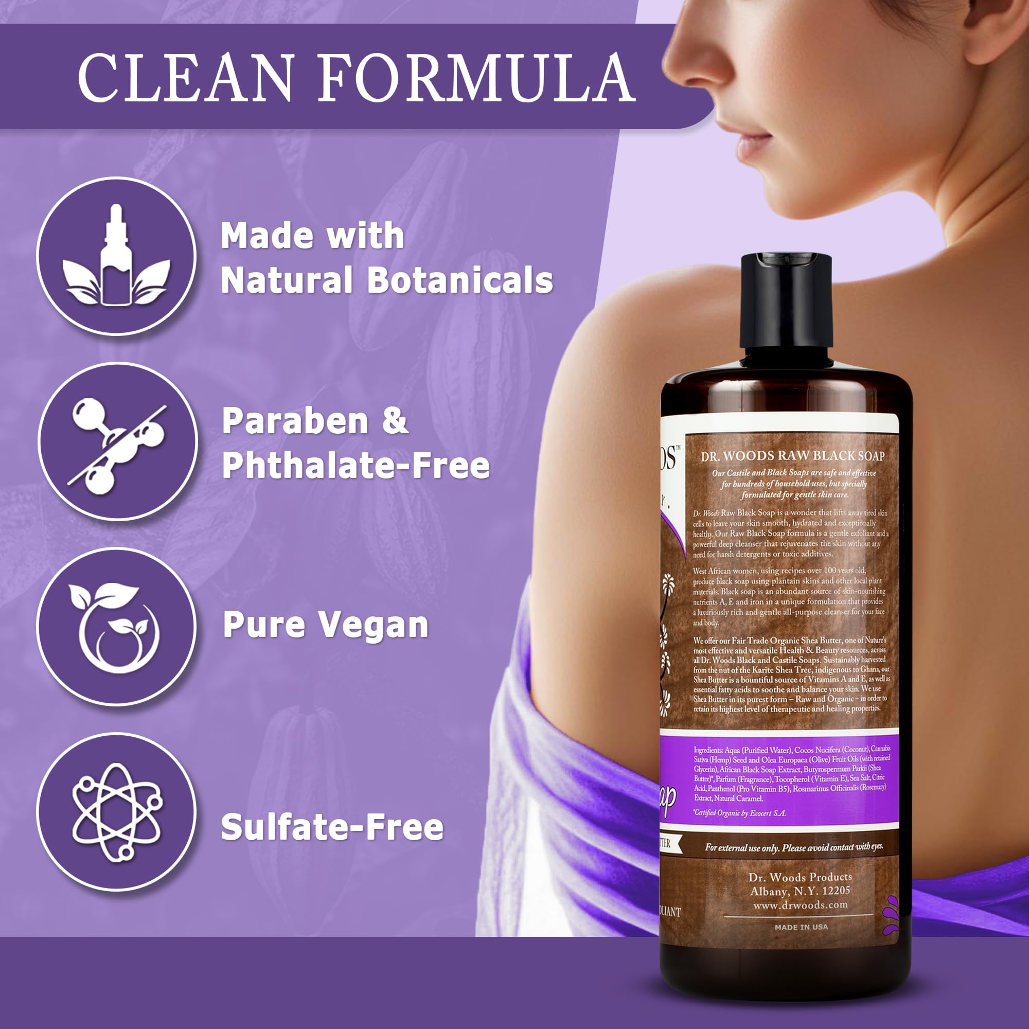 Dr. Woods African black soap hands image demonstrates versatile cleanser for hands and body.