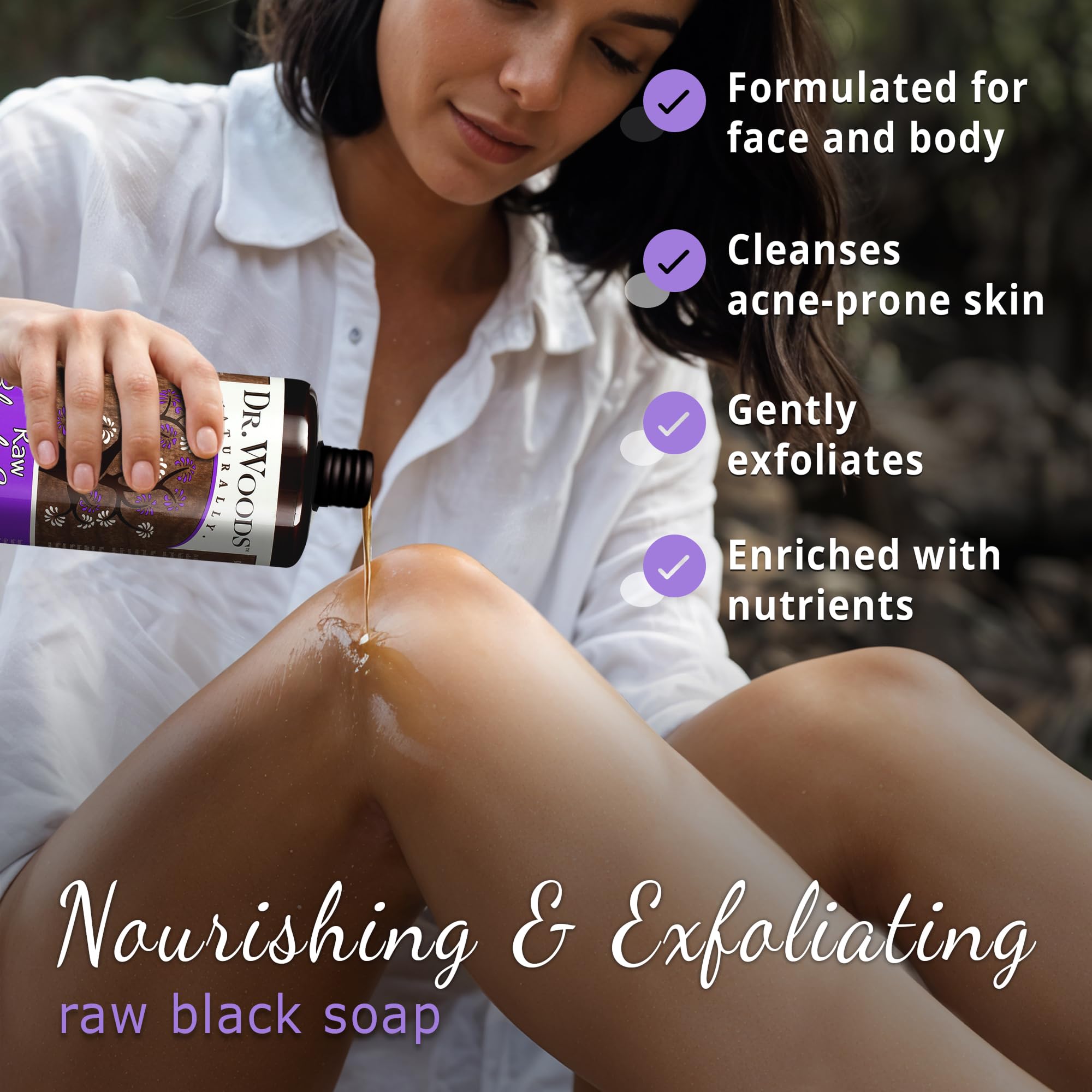 Dr. Woods Black Soap lather closeup highlights gentle exfoliant