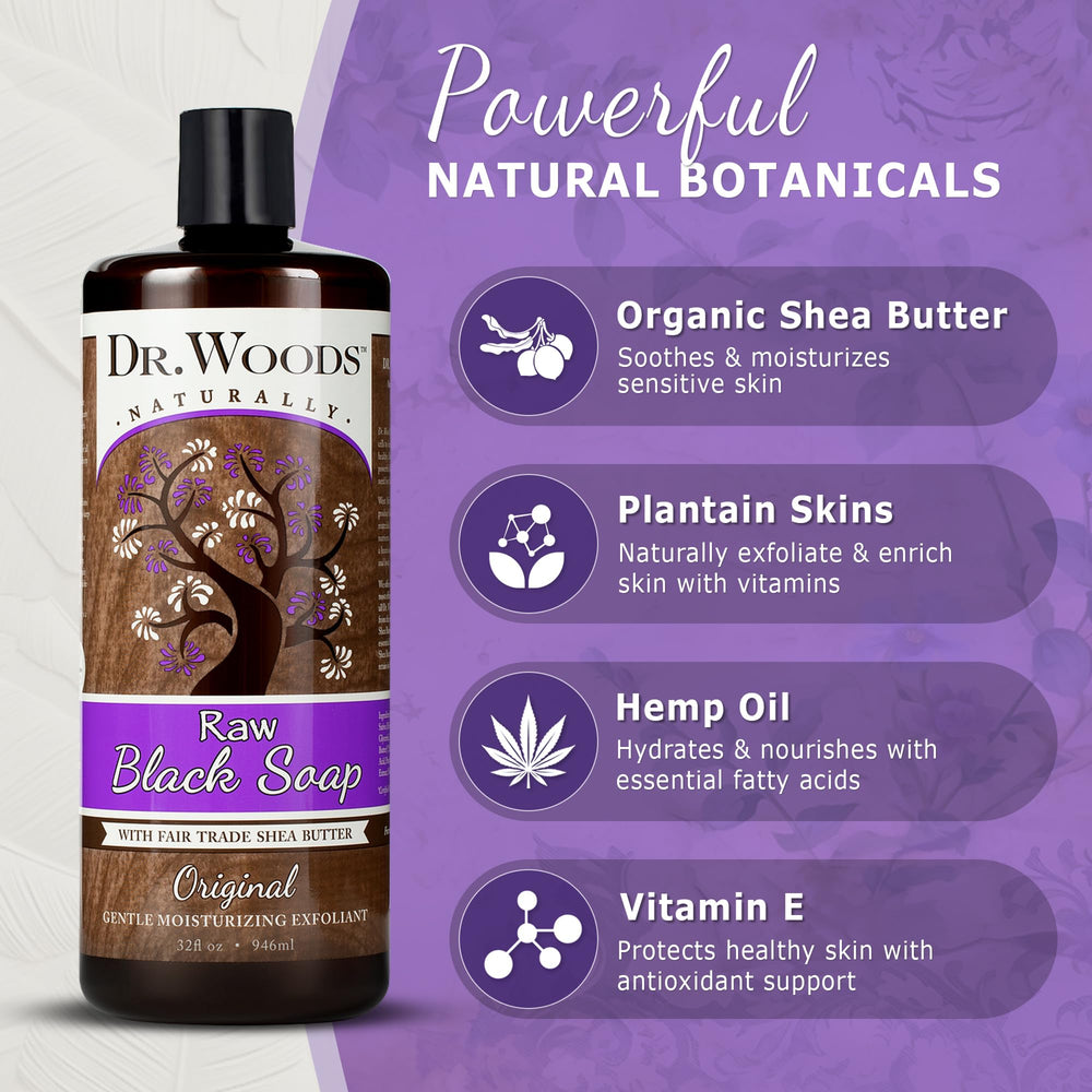 Dr. Woods Organic Shea Butter image emphasizes nourishing, Fair Trade ingredients