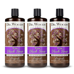 Dr. Woods Raw African Black Soap pours for rich cleansing lather
