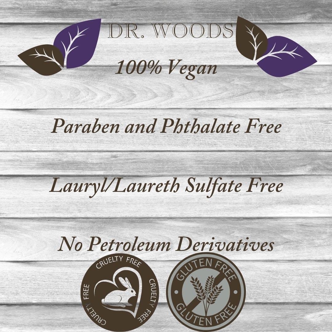 Dr. Woods Raw Liquid Black Soap body wash in bath setup enables versatile cleansing for face, hands, and body.