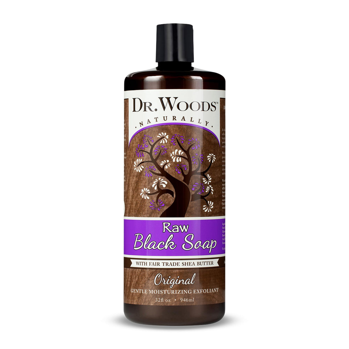 Dr. Woods Raw Liquid Black Soap bottle close-up highlighting nourishing formula.
