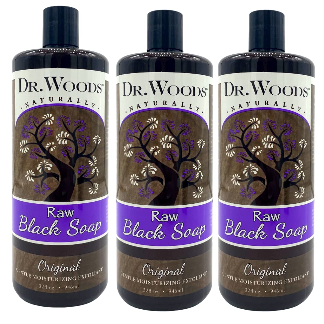 Dr. Woods Raw Liquid Black Soap bottle closeup showing natural cleansing with hemp and olive oils.