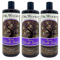 Dr. Woods Raw Liquid Black Soap bottle closeup showing natural cleansing with hemp and olive oils.