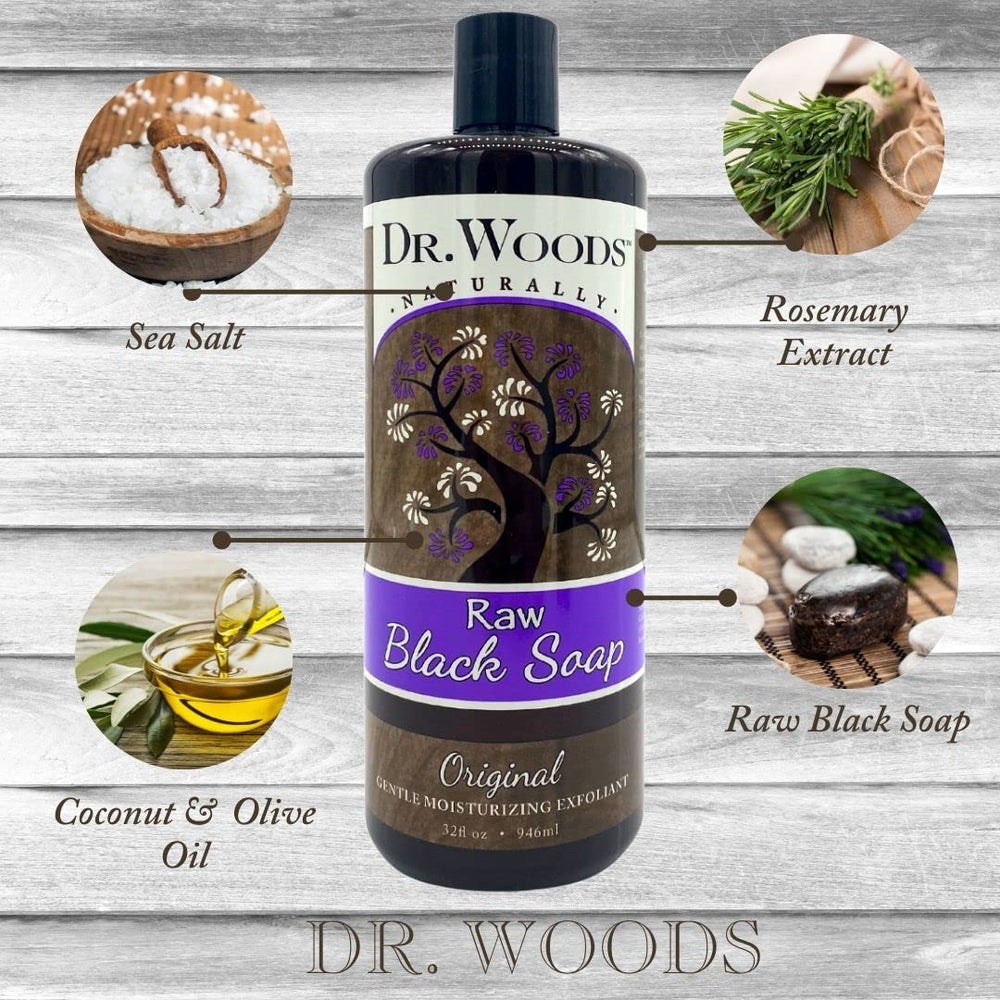 Dr. Woods Raw Liquid Black Soap face cleanse in a routine setup for daily refreshing cleanse.