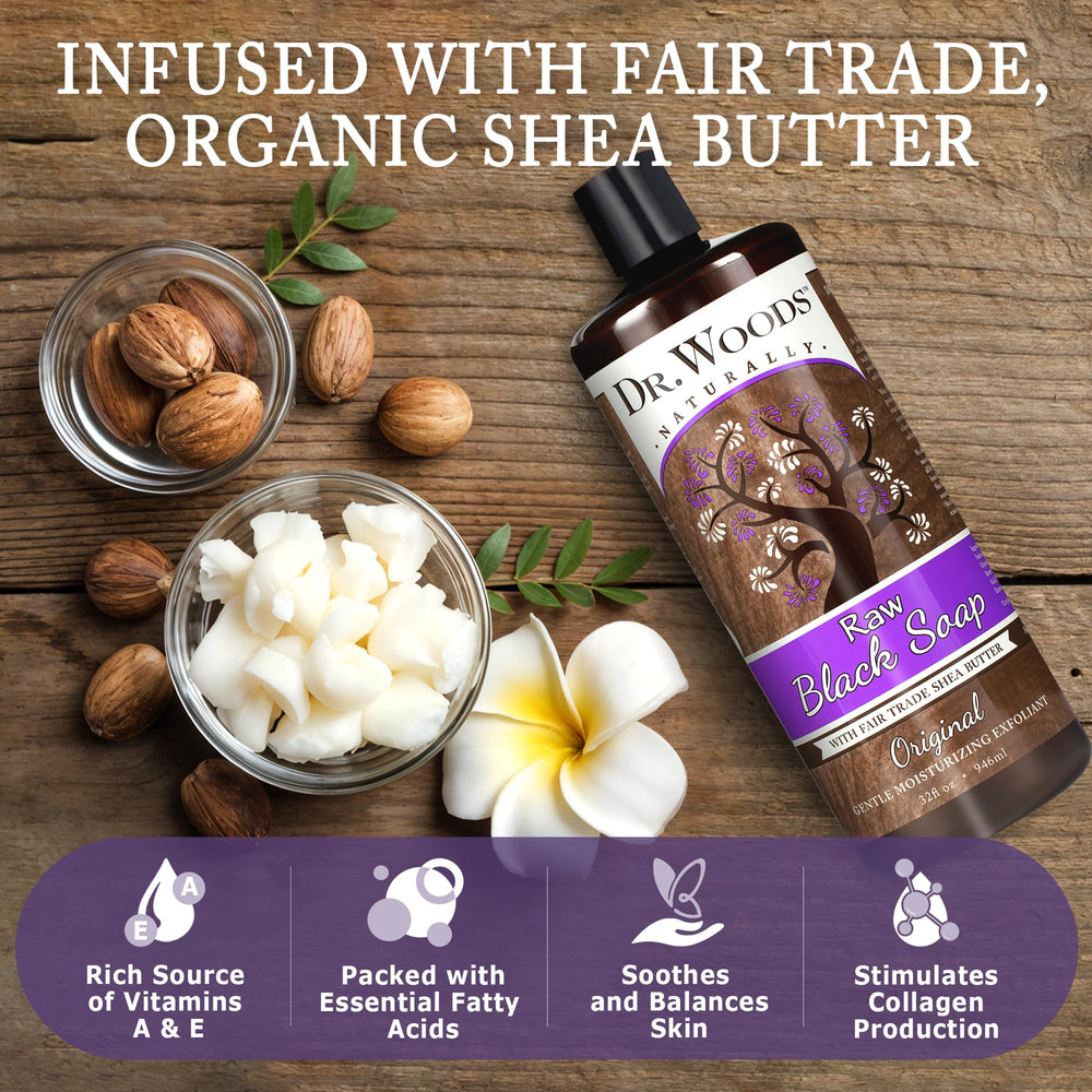 Dr. Woods Raw Liquid Black Soap Fair Trade Shea Butter label emphasizing nourishment.