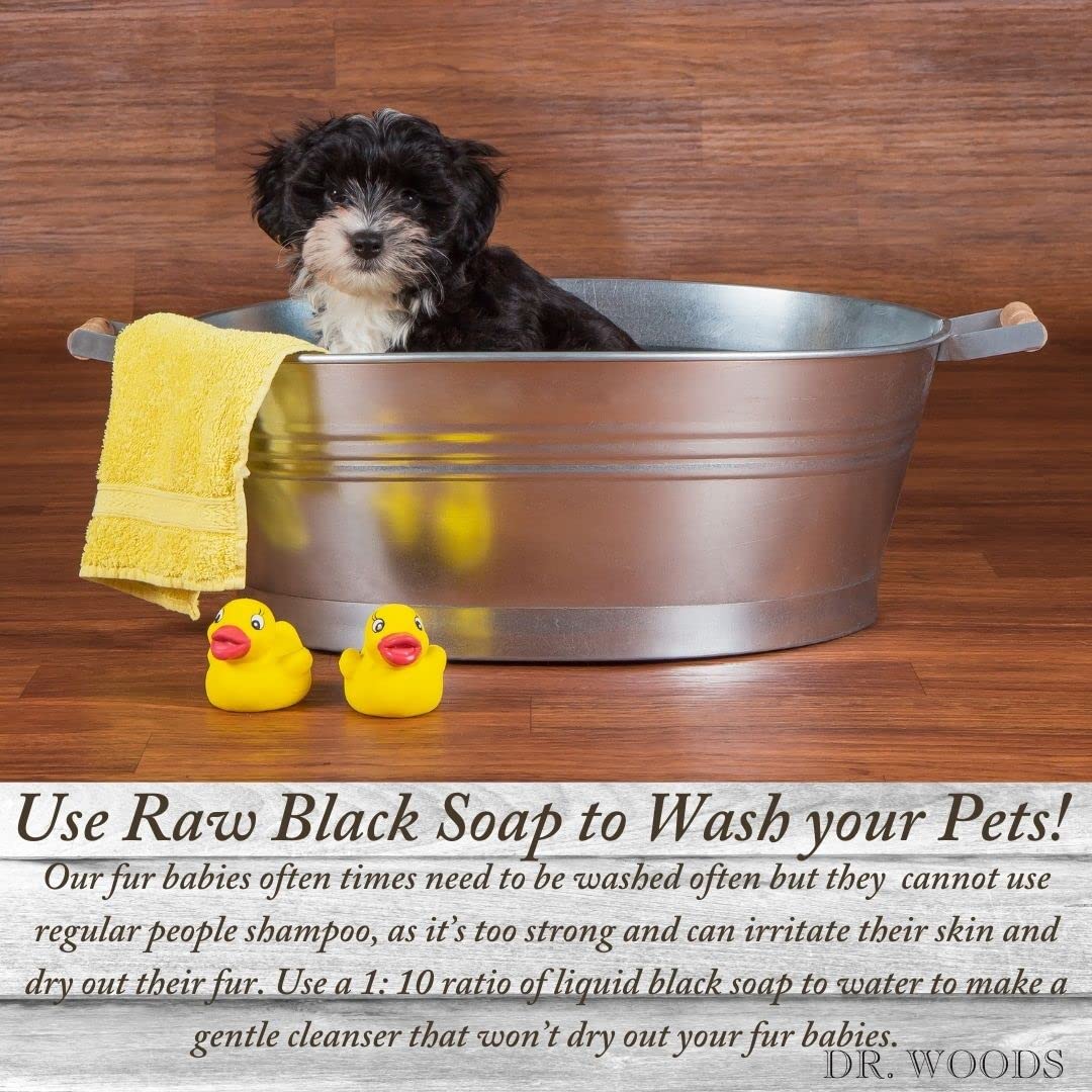 Dr. Woods Raw Liquid Black Soap ingredients highlight olive oil and hemp oil benefits for skin.
