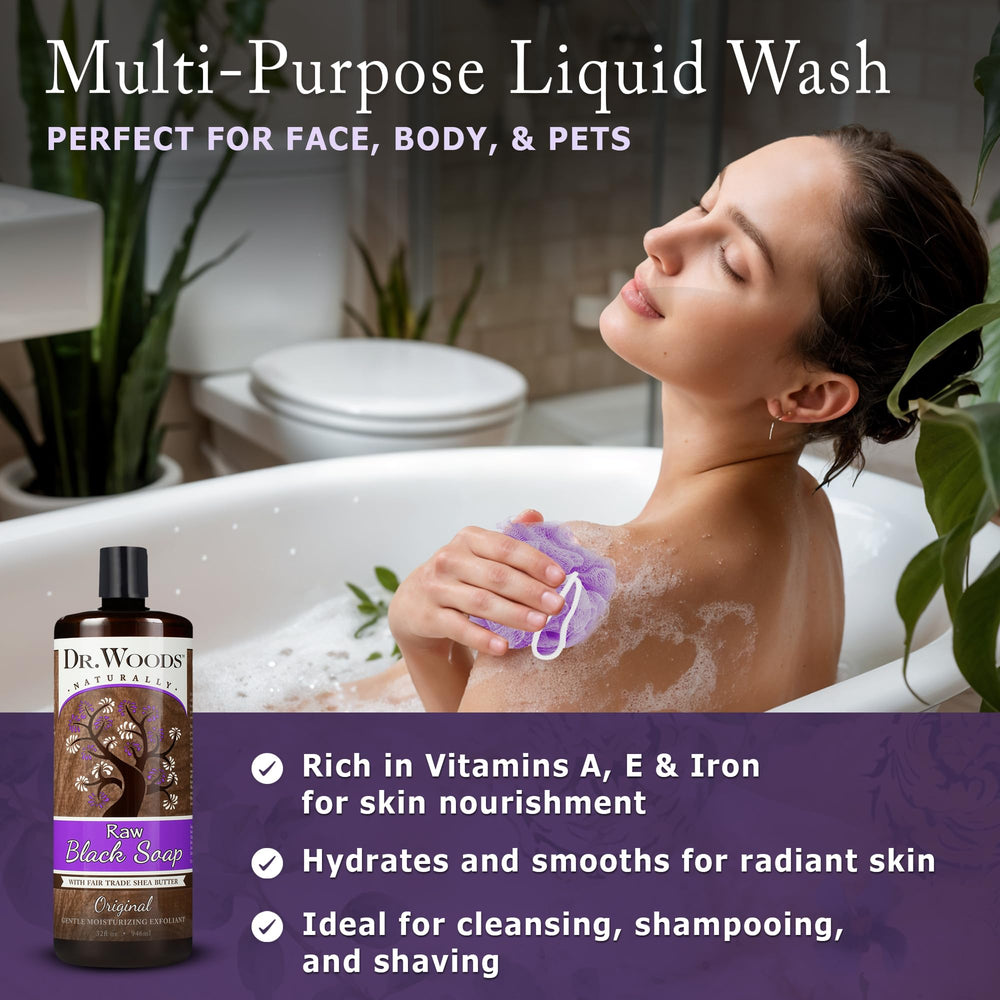 Dr. Woods Raw Liquid Black Soap poured into hand for gentle cleansing.