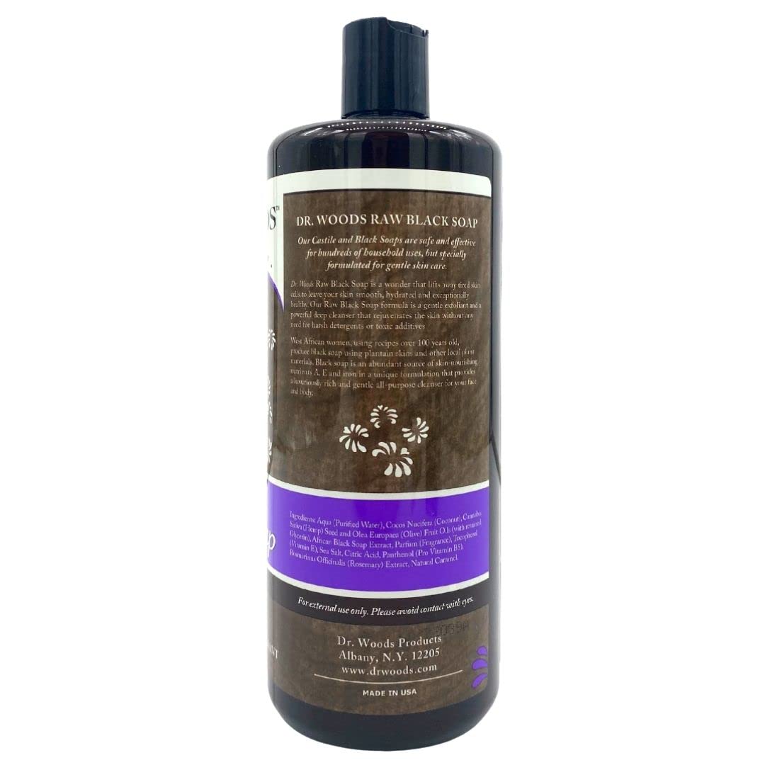 Dr. Woods Raw Liquid Black Soap thick-lather on a loofah demonstrates lasting exfoliating cleanse.