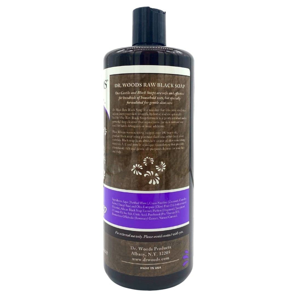Dr. Woods Raw Liquid Black Soap thick-lather on a loofah demonstrates lasting exfoliating cleanse.