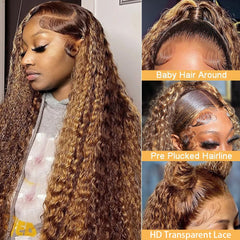 Draixil Honey Blonde deep wave wig side profile showing voluminous waves and breathable cap.
