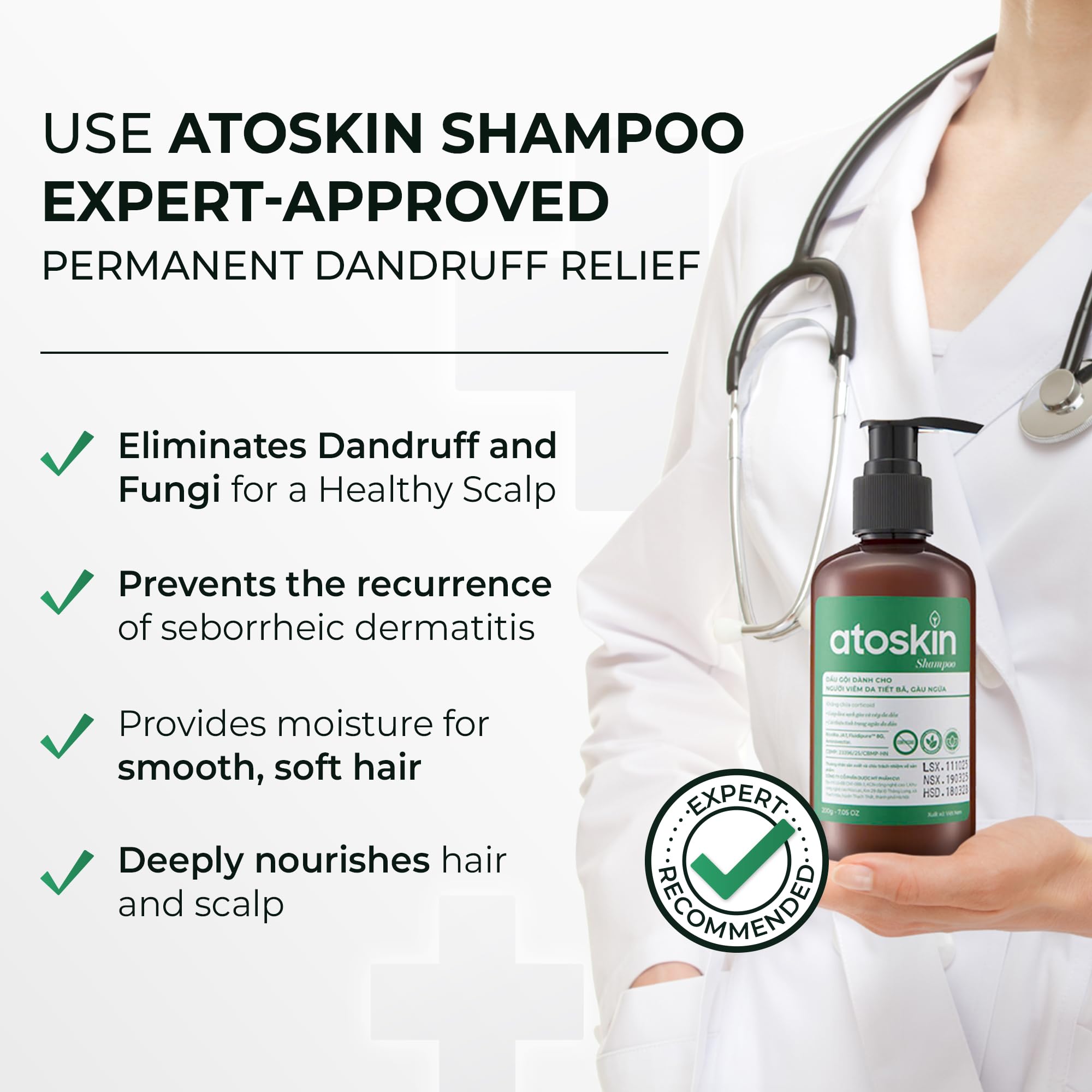 dr.atoskin Atoskin Shampoo application scene shows easy 2–3 minute massage.