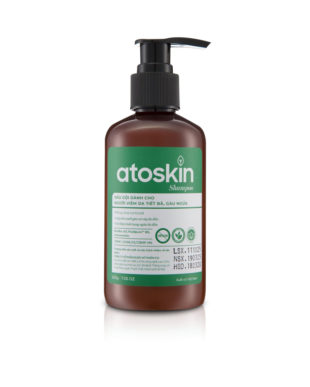 dr.atoskin Atoskin Shampoo bottle closeup highlights calming formula for seborrheic dermatitis.
