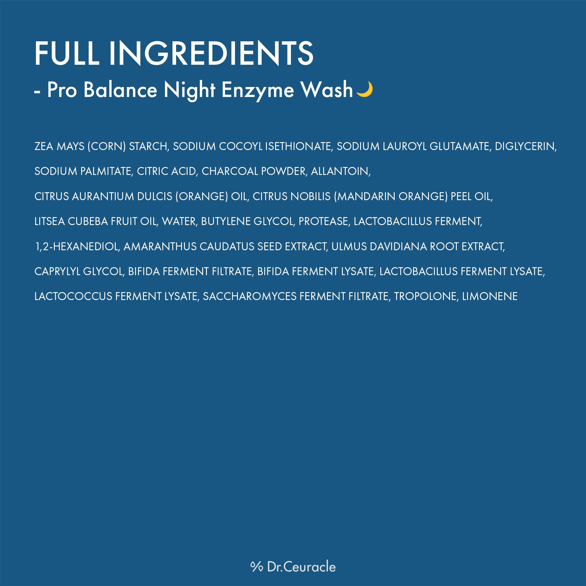 Dr.Ceuracle Pro Balance Enzyme Powder Wash ingredient closeup hints natural enzymes for skin care.