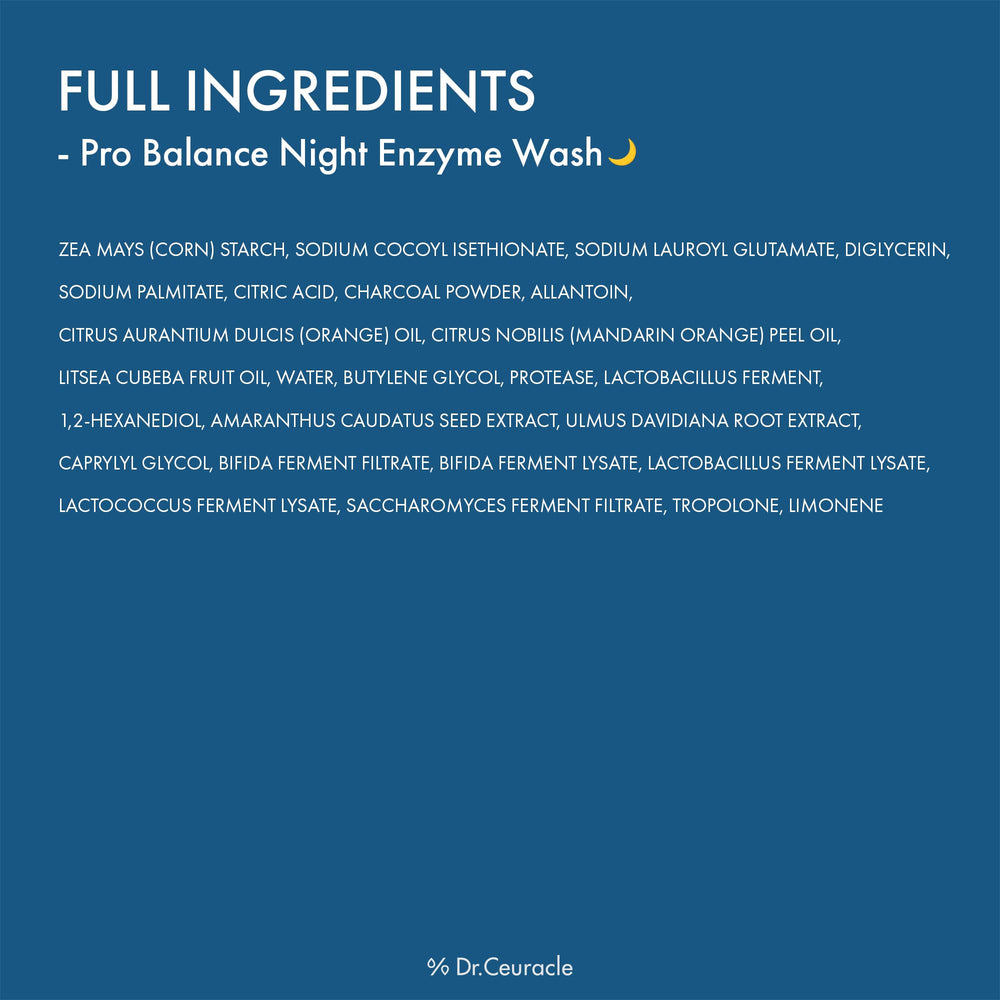 Dr.Ceuracle Pro Balance Enzyme Powder Wash ingredient closeup hints natural enzymes for skin care.