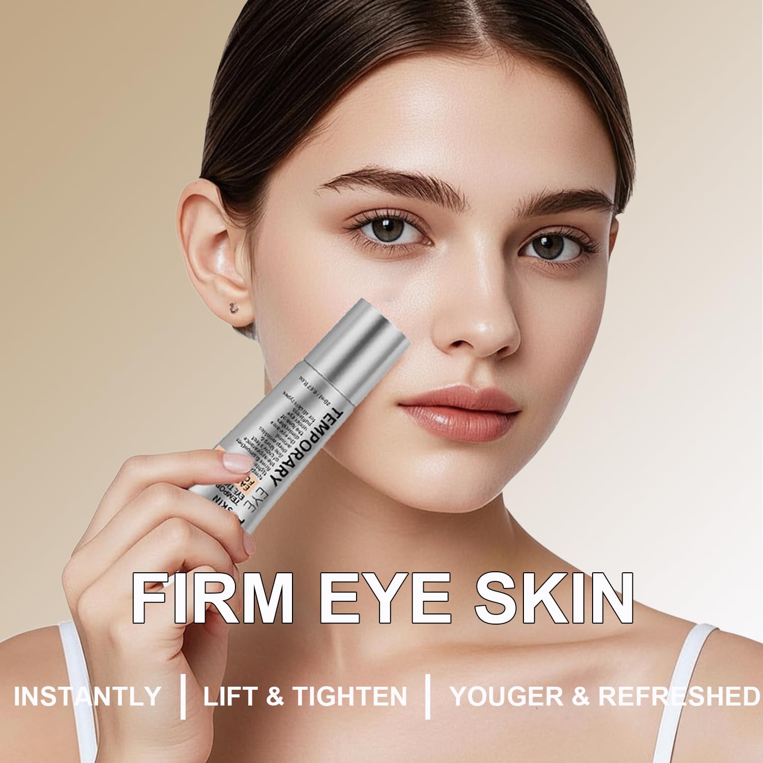 DreamCatching Perfection Eye Tightener tips demonstrate efficient pea-sized amount for precise application.