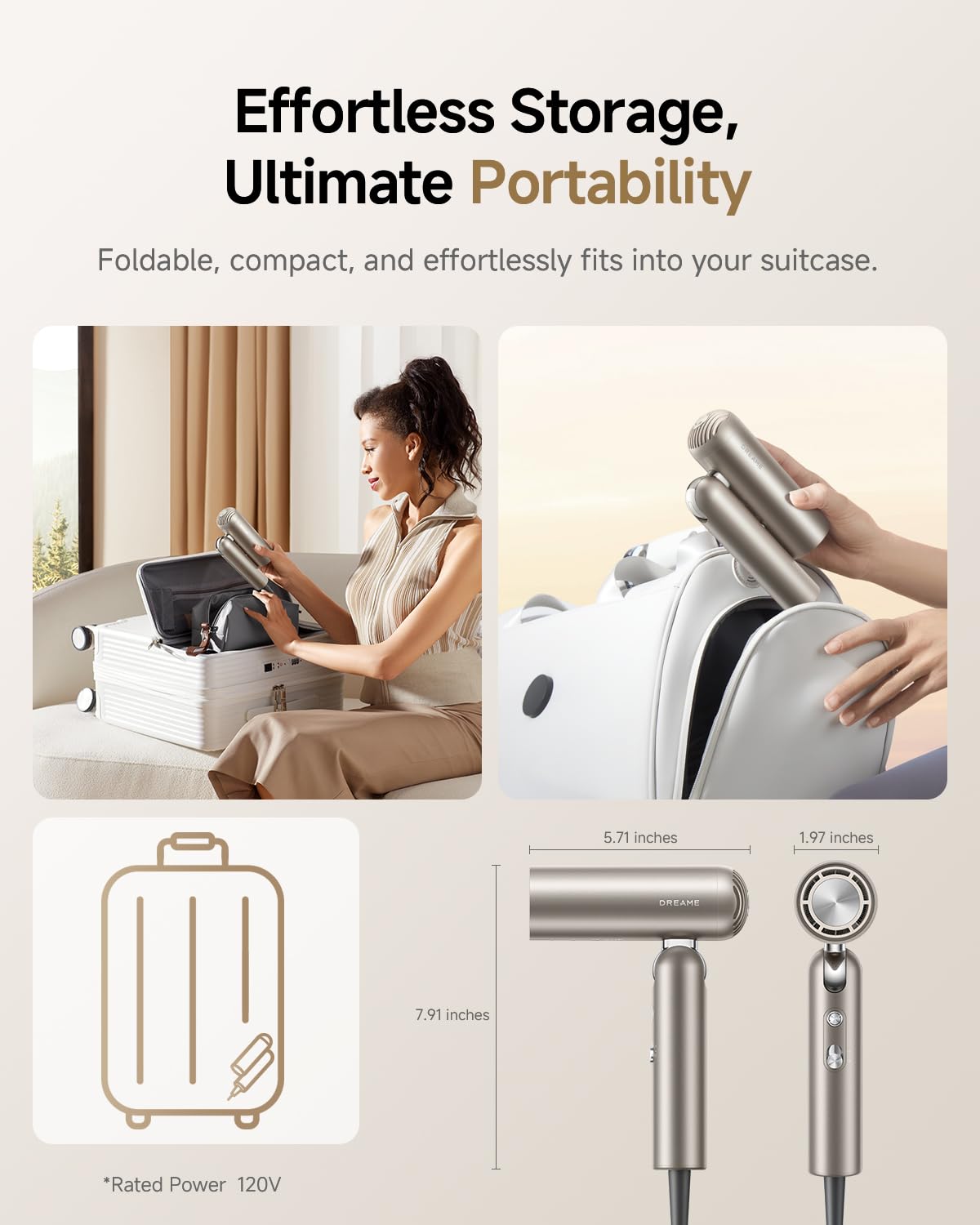 DREAME Pocket Hair Dryer in-use on mirror for quick morning drying.