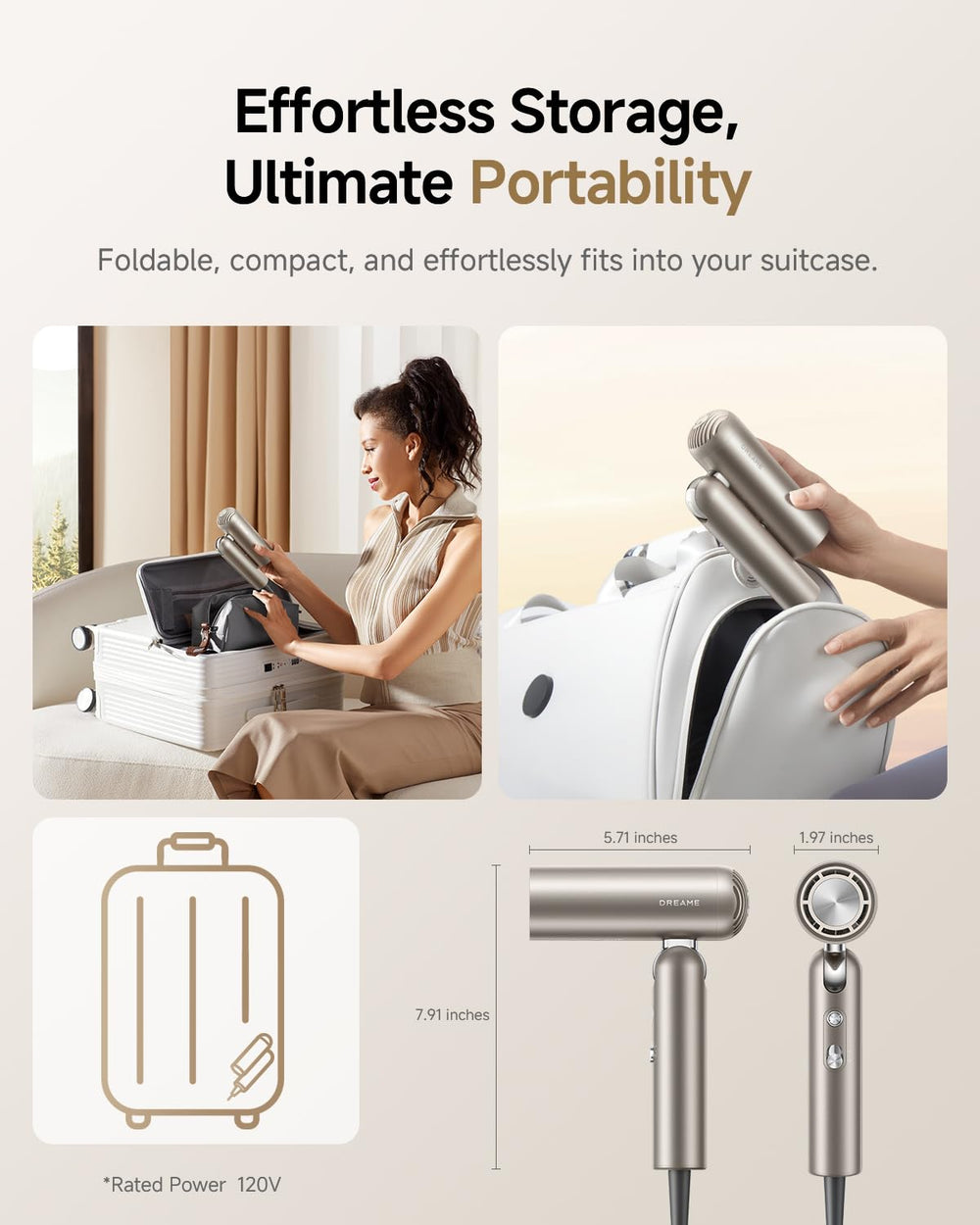 DREAME Pocket Hair Dryer in-use on mirror for quick morning drying.