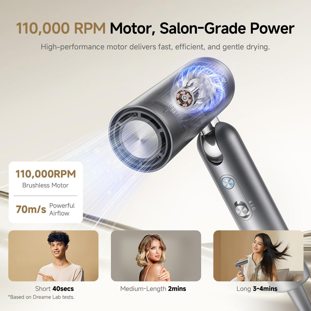 DREAME Pocket Pro 110,000 RPM motor delivers fast drying with strong airflow.