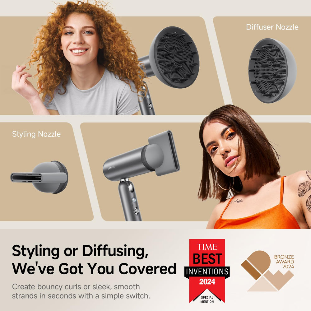 DREAME Pocket Pro ionic care image shows negative ions reducing frizz and boosting shine.