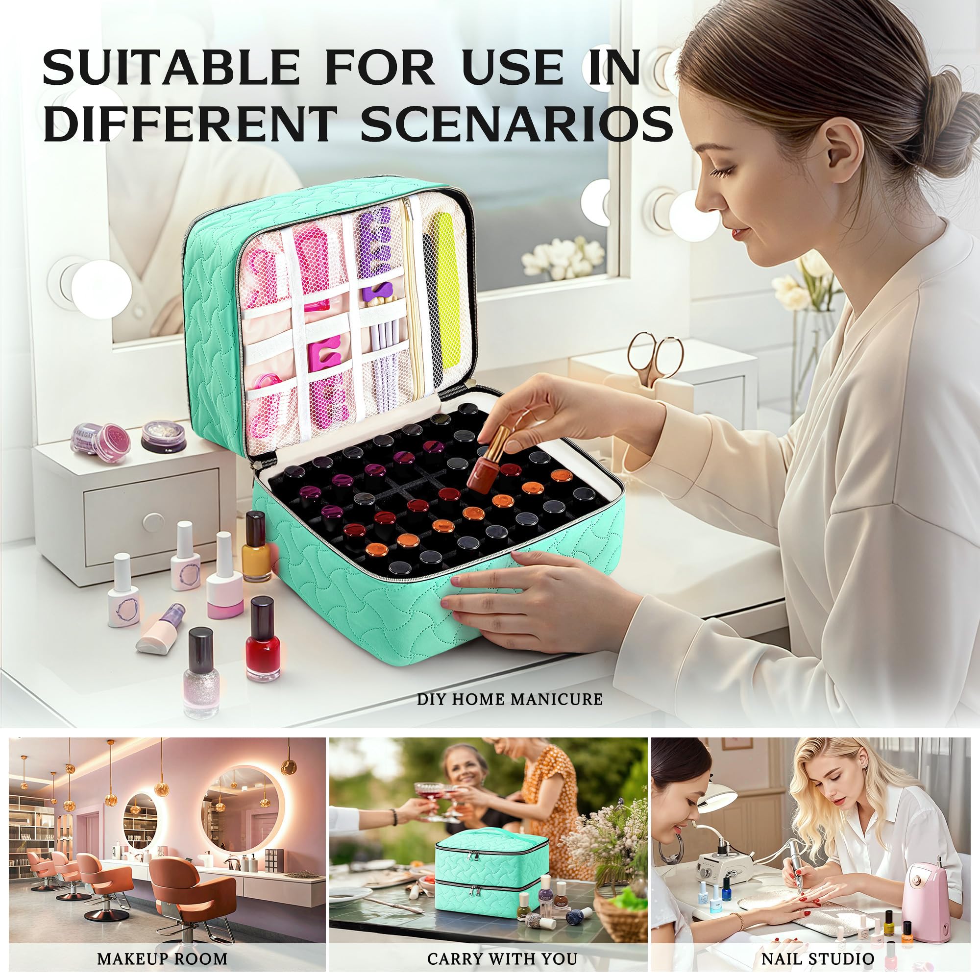 DreamGenius Nail Polish Organizer Case interior tool compartment for stickers and rhinestones.
