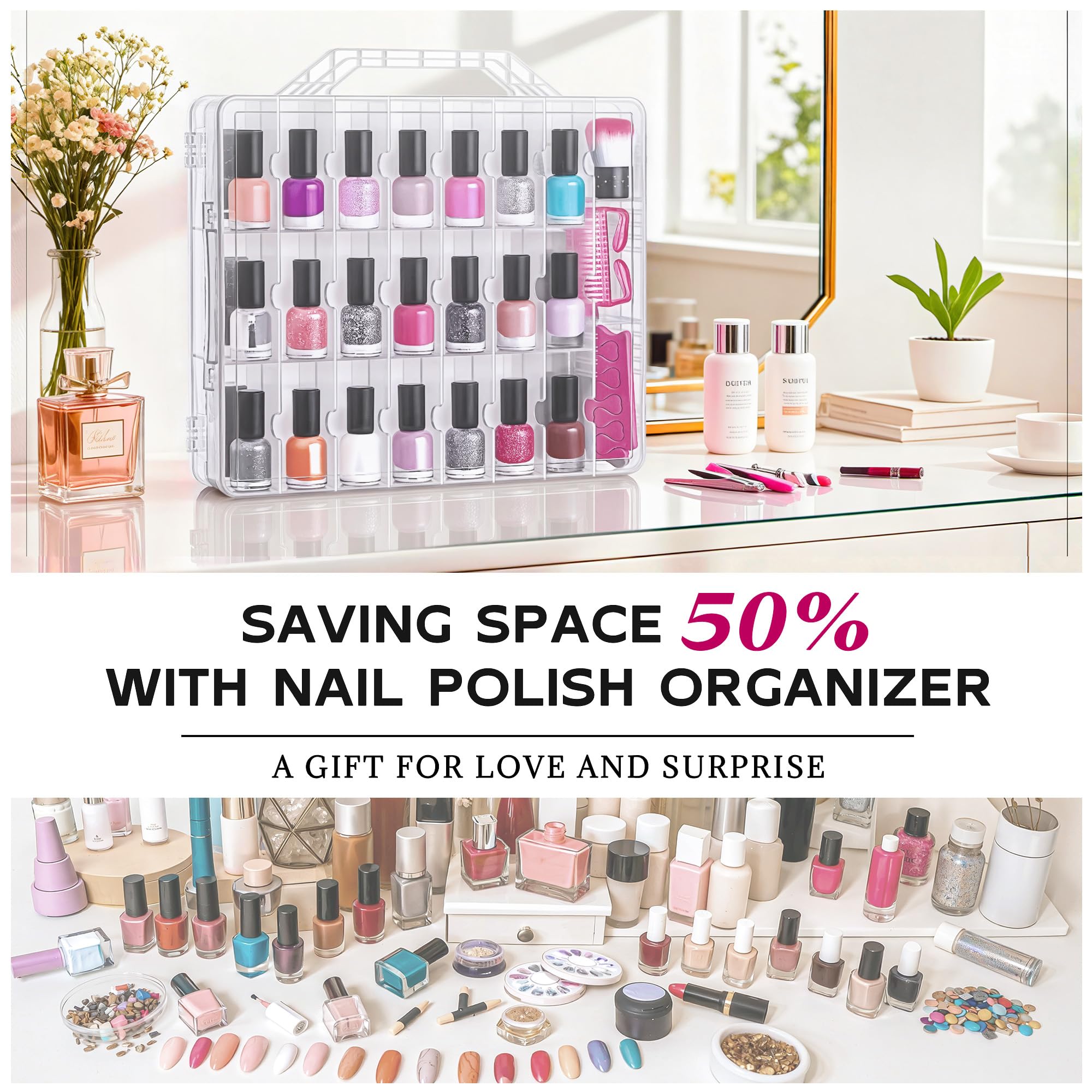 DreamGenius Nail Polish Organizer Adjustable Dividers customize bottle sizes and tool storage