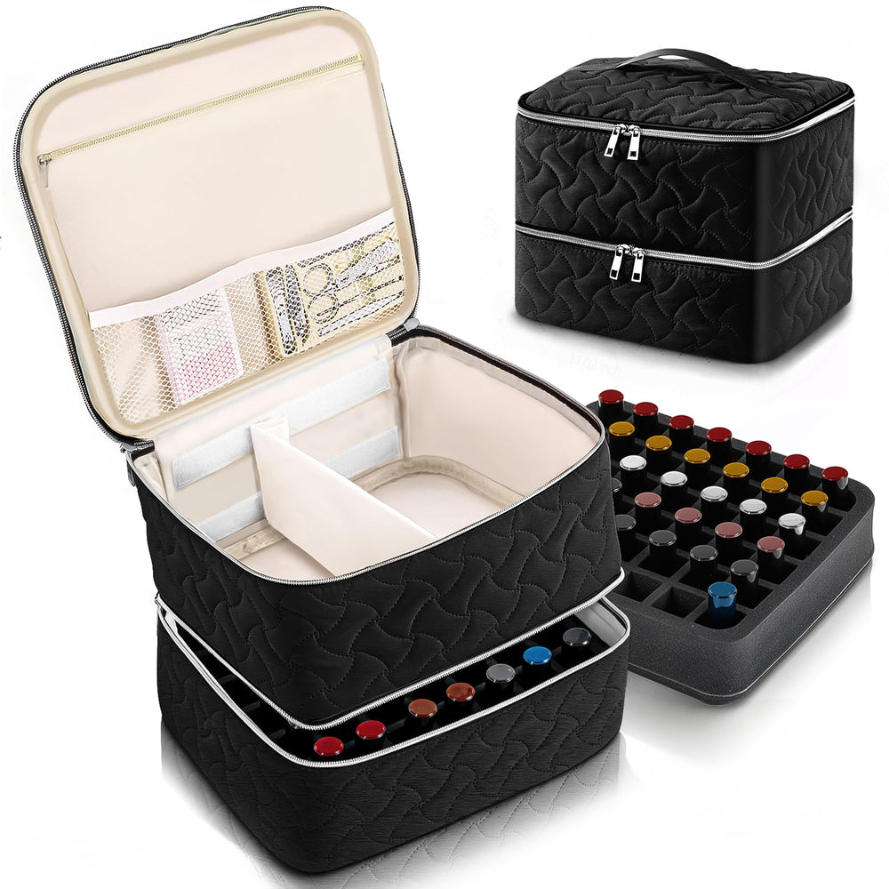 DreamGenius nail polish organizer case with 42-bottle capacity keeps bottles upright.