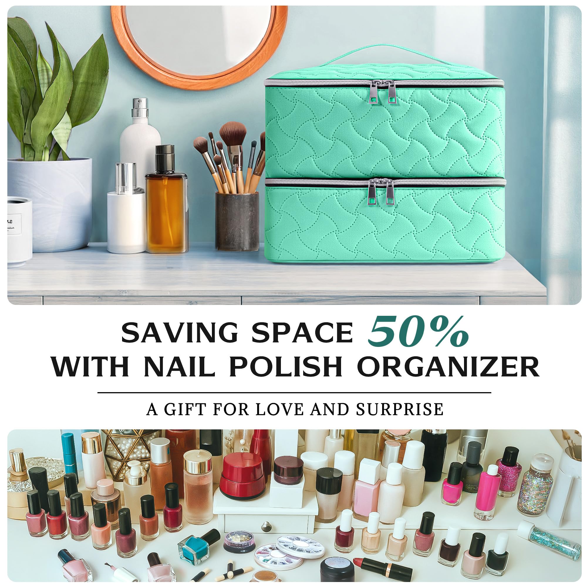 DreamGenius Nail Polish Organizer Case adjustable dividers enabling flexible spacing.