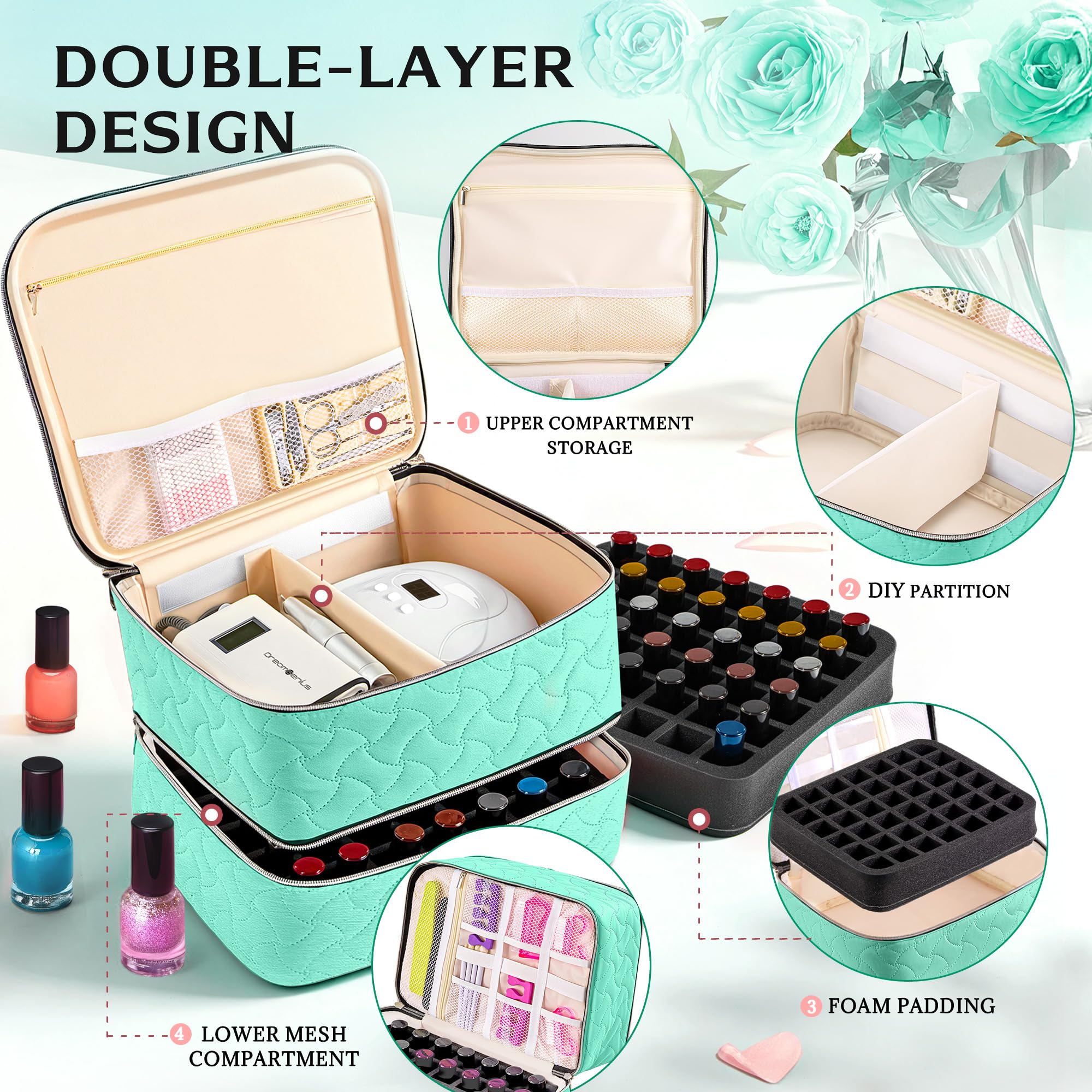 DreamGenius Nail Polish Organizer Case carrying handle for easy travel.