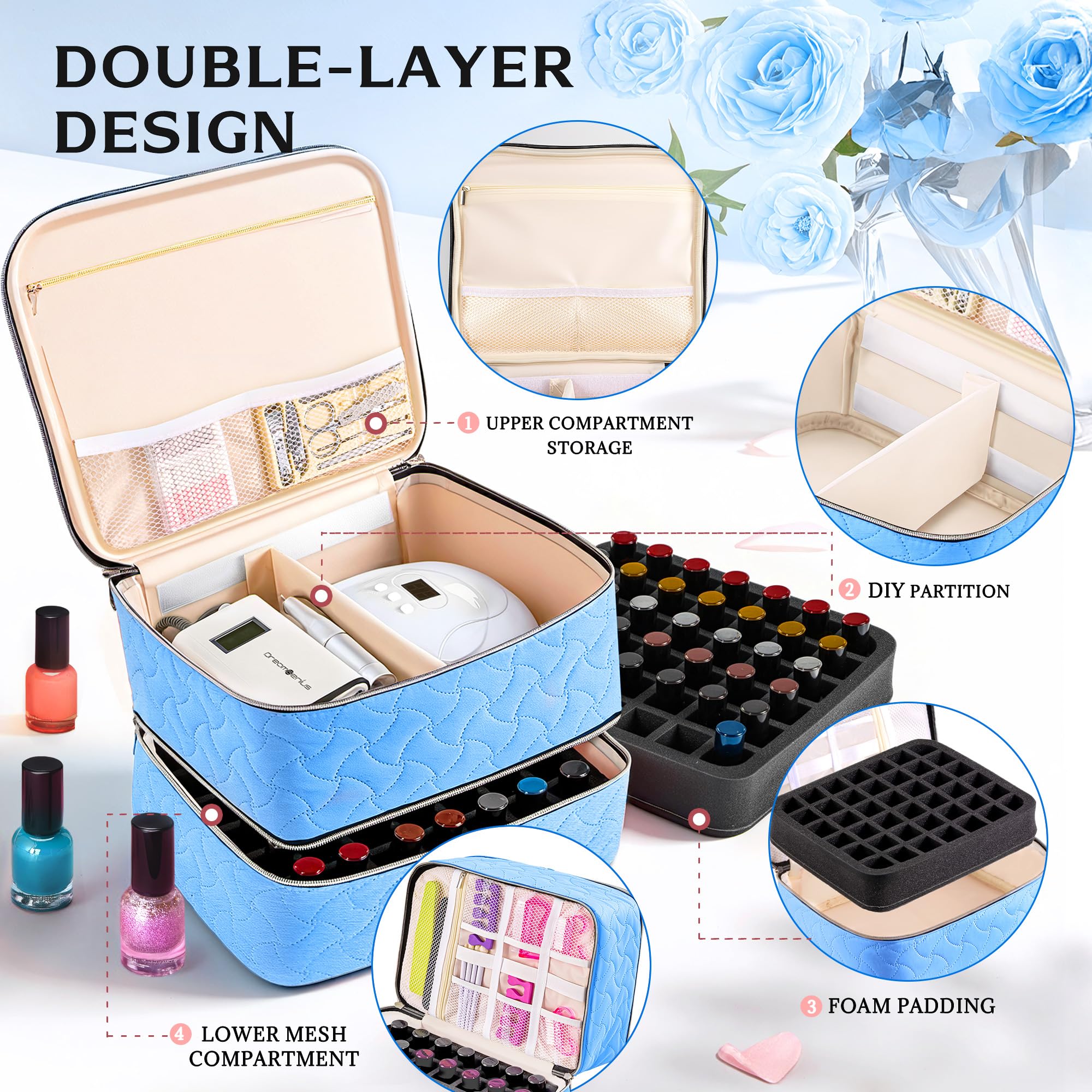 DreamGenius Nail Polish Organizer Case interior compartments store nail art tools and accessories.
