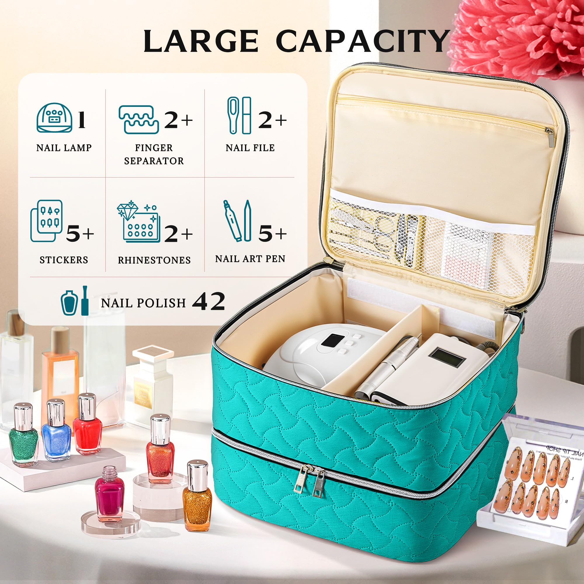 DreamGenius nail polish organizer case lower layer stores forty-two bottles securely