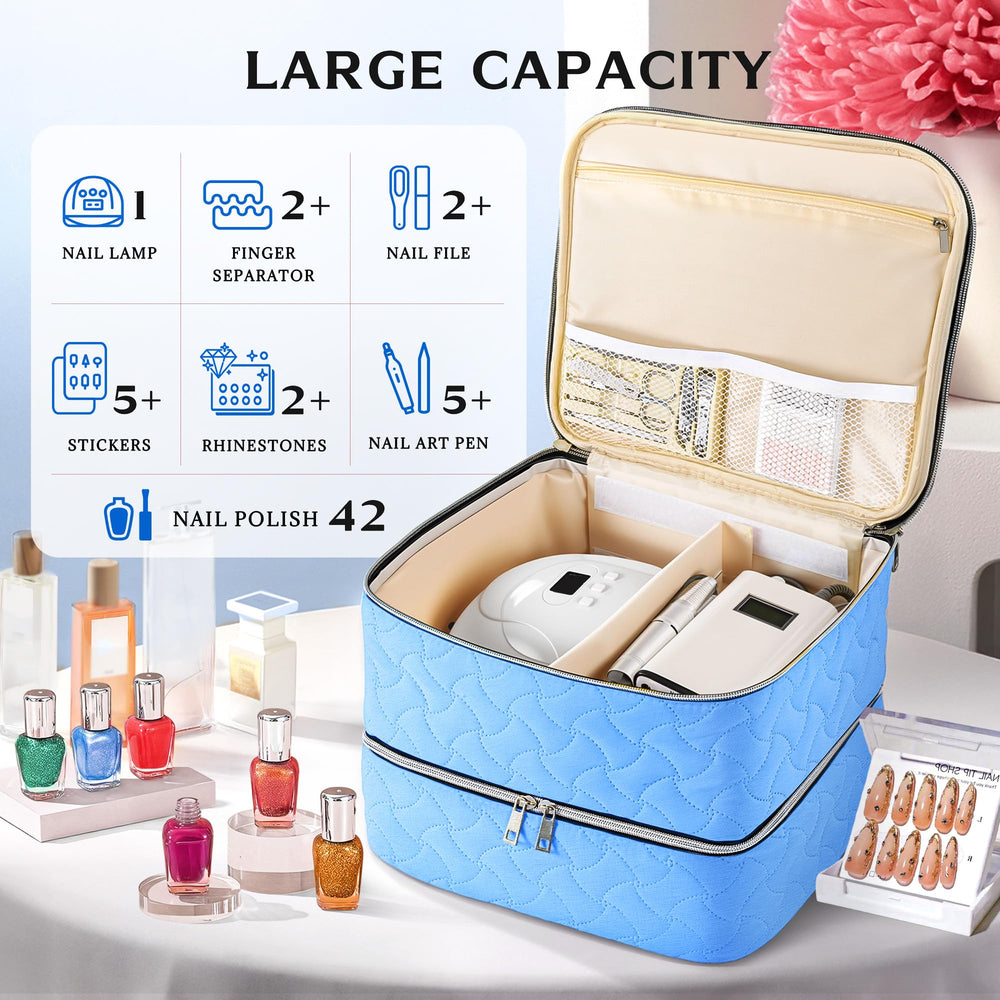 DreamGenius Nail Polish Organizer Case open upper layer with adjustable dividers fits varied nail lamp sizes.